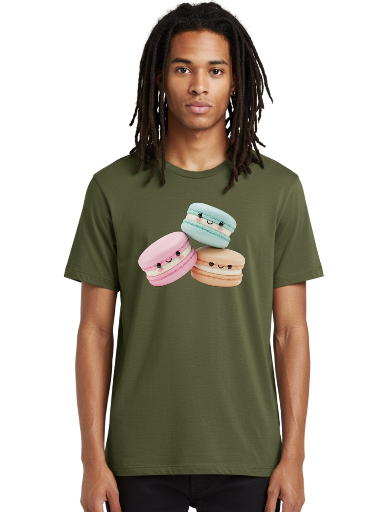 Macarons-With-Faces Men'S Graphic Tee, 100% Cotton, Comfortable Casual Summer Wear, Machine Washable, Pink Macaron, Blue Macaron, Peach Macaron, Cute Desserts, Colorful Treats, Plush Macarons, Sweet Pastries, Adorable Faces, Smiling Macarons, Baa960 24