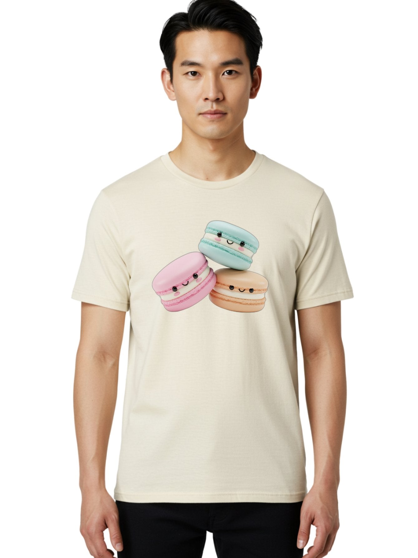 Macarons-With-Faces Men'S Graphic Tee, 100% Cotton, Comfortable Casual Summer Wear, Machine Washable, Pink Macaron, Blue Macaron, Peach Macaron, Cute Desserts, Colorful Treats, Plush Macarons, Sweet Pastries, Adorable Faces, Smiling Macarons, Baa960 23