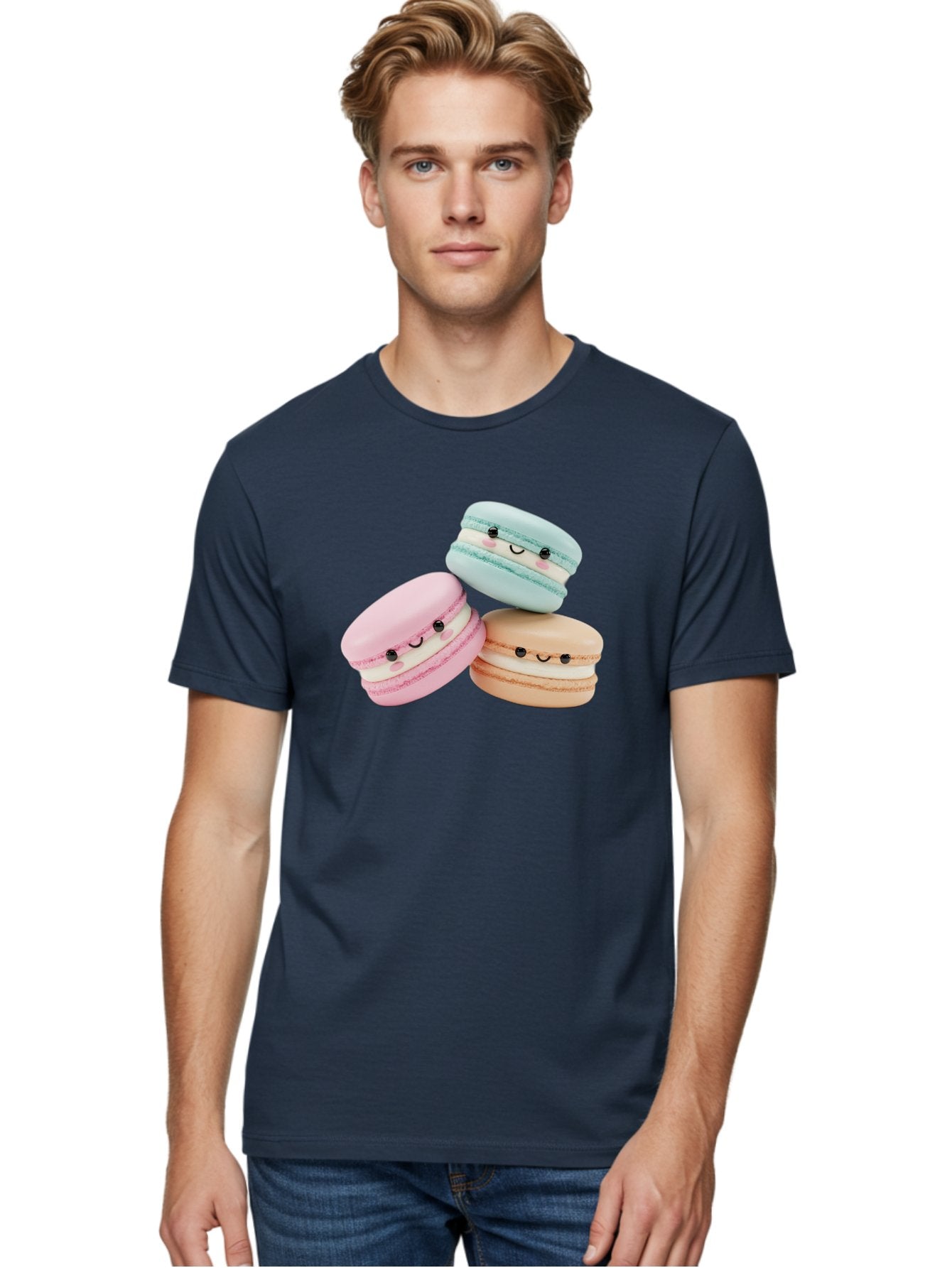 Macarons-With-Faces Men'S Graphic Tee, 100% Cotton, Comfortable Casual Summer Wear, Machine Washable, Pink Macaron, Blue Macaron, Peach Macaron, Cute Desserts, Colorful Treats, Plush Macarons, Sweet Pastries, Adorable Faces, Smiling Macarons, Baa960 30