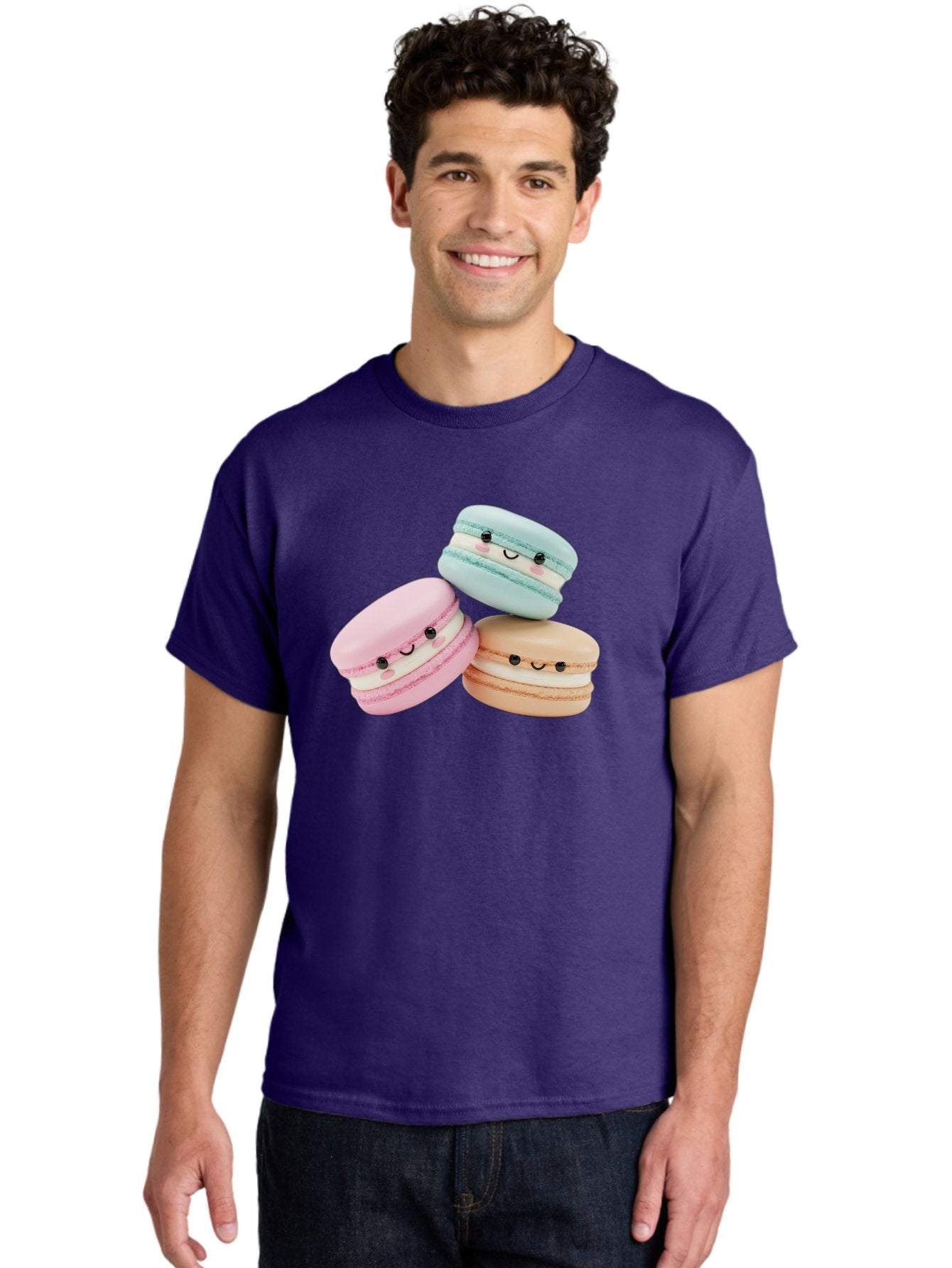Macarons-With-Faces Men'S Graphic Tee, 100% Cotton, Comfortable Casual Summer Wear, Machine Washable, Pink Macaron, Blue Macaron, Peach Macaron, Cute Desserts, Colorful Treats, Plush Macarons, Sweet Pastries, Adorable Faces, Smiling Macarons, Baa960 22