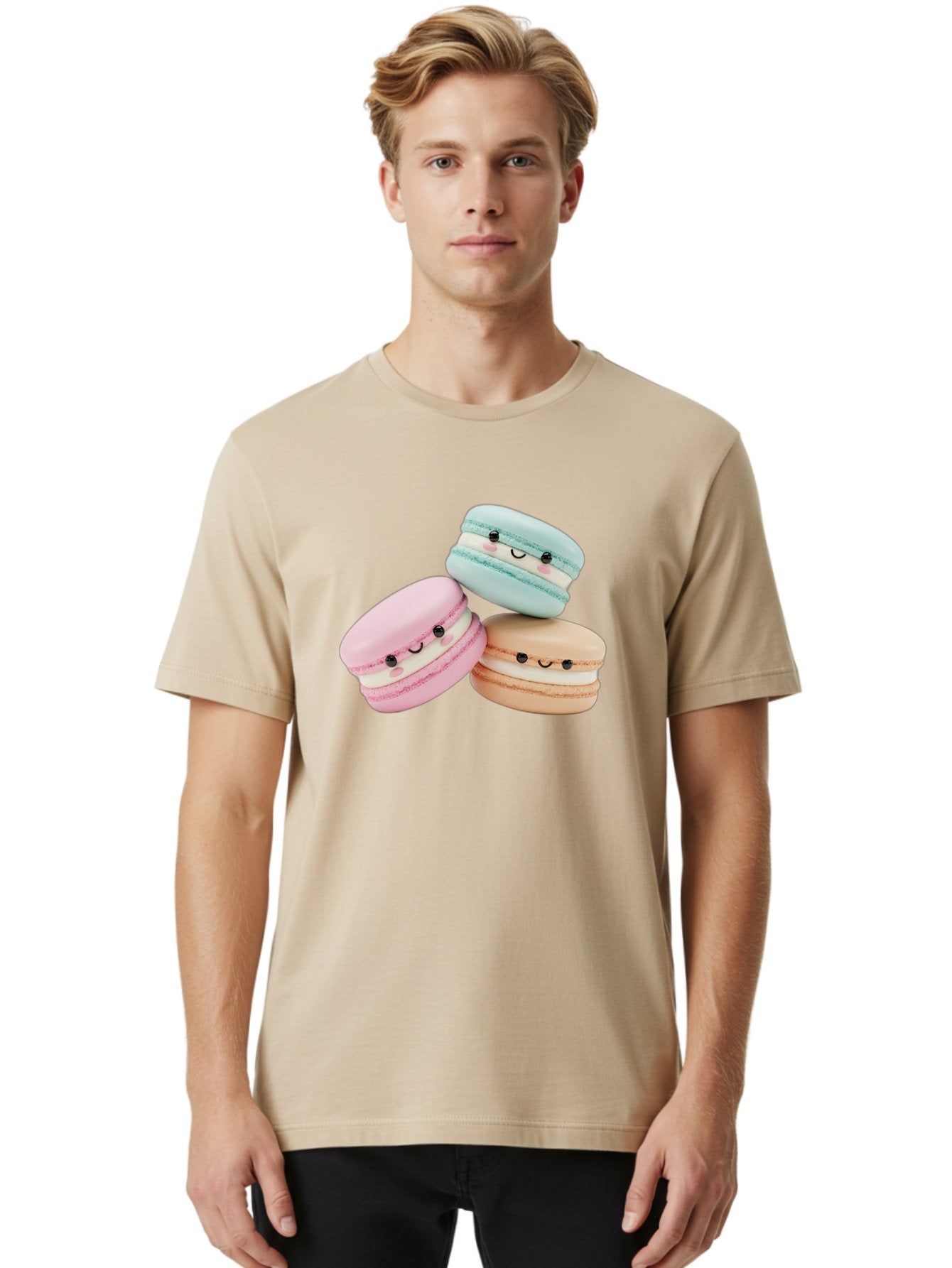 Macarons-With-Faces Men'S Graphic Tee, 100% Cotton, Comfortable Casual Summer Wear, Machine Washable, Pink Macaron, Blue Macaron, Peach Macaron, Cute Desserts, Colorful Treats, Plush Macarons, Sweet Pastries, Adorable Faces, Smiling Macarons, Baa960 18