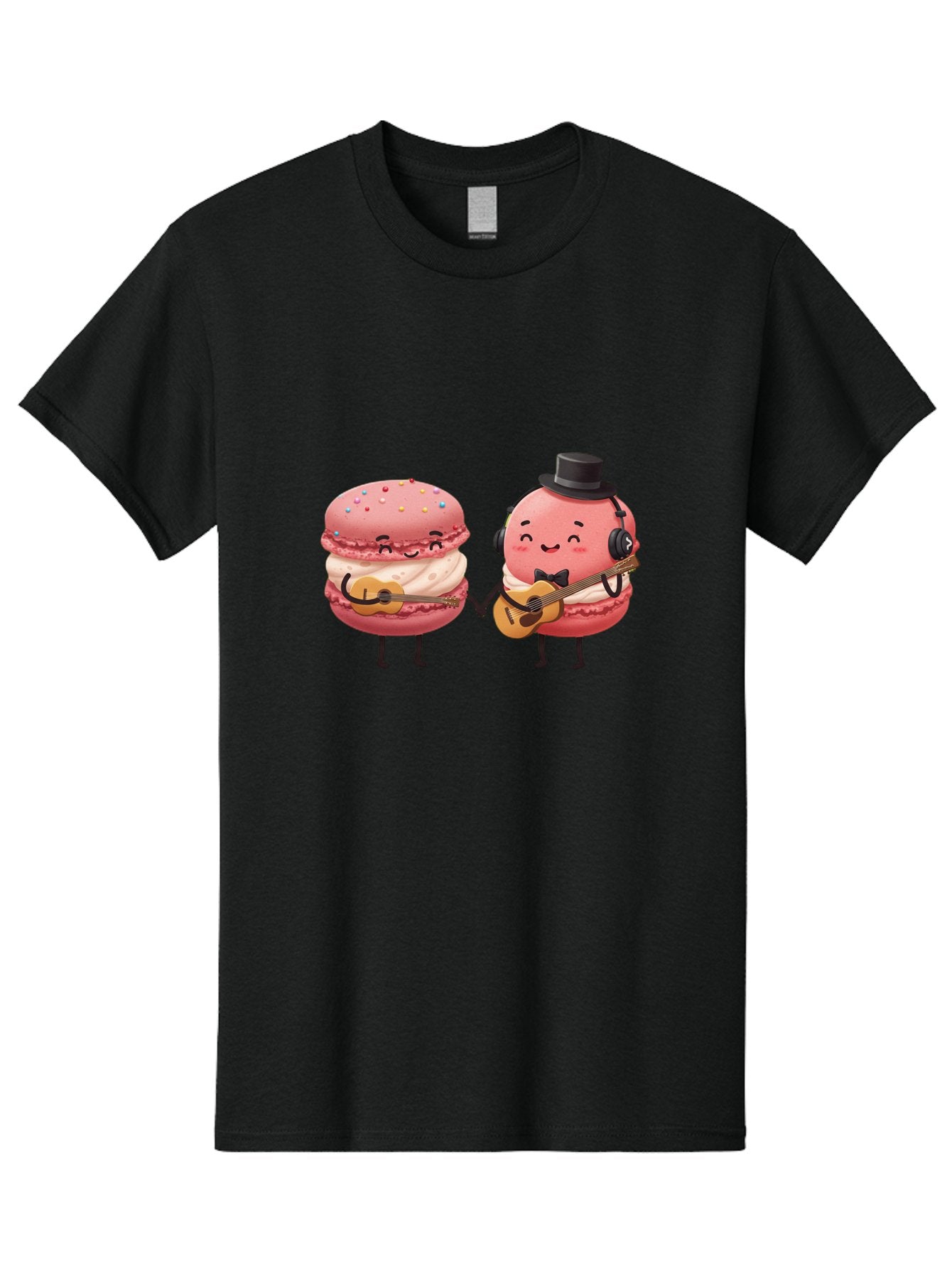 Macarons-With-Instruments Men'S Graphic Tee, 100% Cotton, Comfortable Casual Summer Wear, Machine Washable, Cartoon Macarons, Pink Macarons With Guitars, Cute Desserts, Musical Treats, Whimsical Illustration, Sweet Duo, Colorful Sprinkles, Baa961