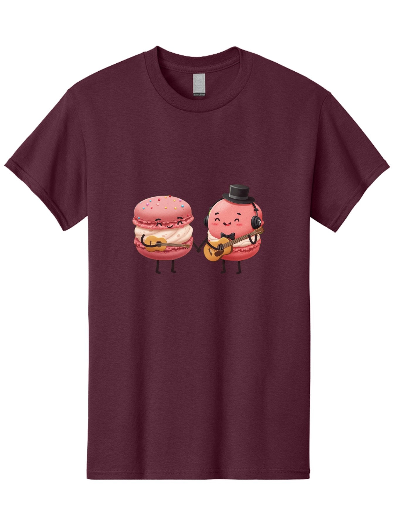 Macarons-With-Instruments Men'S Graphic Tee, 100% Cotton, Comfortable Casual Summer Wear, Machine Washable, Cartoon Macarons, Pink Macarons With Guitars, Cute Desserts, Musical Treats, Whimsical Illustration, Sweet Duo, Colorful Sprinkles, Baa961 3