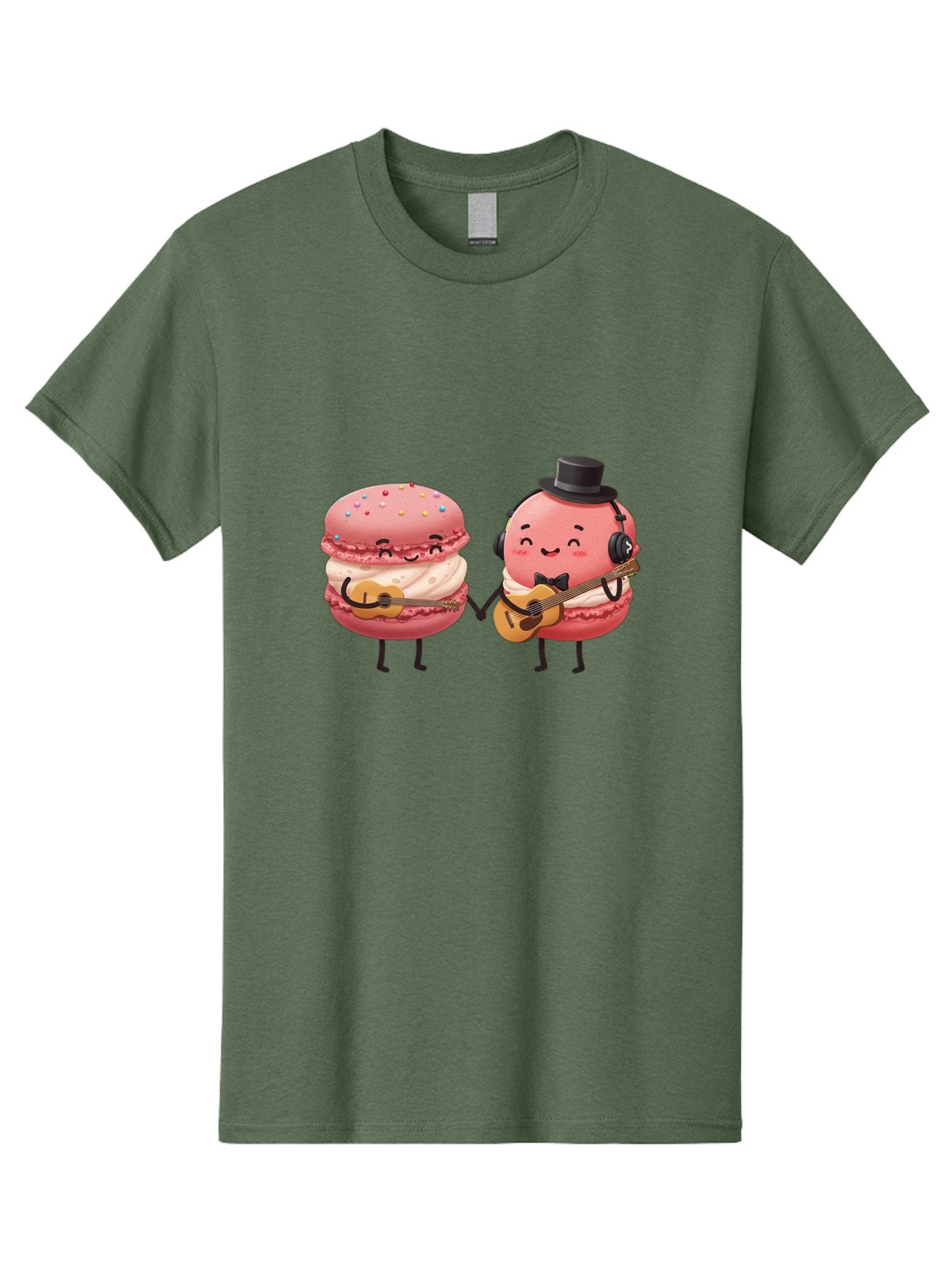 Macarons-With-Instruments Men'S Graphic Tee, 100% Cotton, Comfortable Casual Summer Wear, Machine Washable, Cartoon Macarons, Pink Macarons With Guitars, Cute Desserts, Musical Treats, Whimsical Illustration, Sweet Duo, Colorful Sprinkles, Baa961 15
