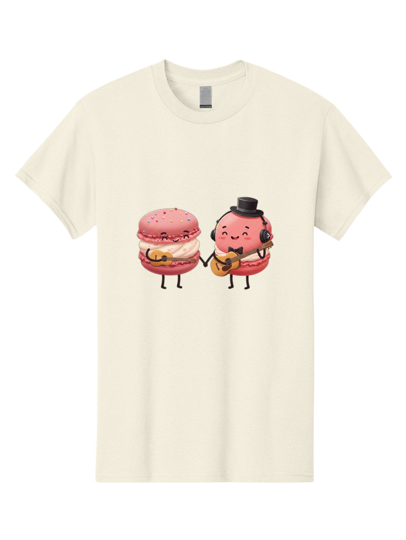 Macarons-With-Instruments Men'S Graphic Tee, 100% Cotton, Comfortable Casual Summer Wear, Machine Washable, Cartoon Macarons, Pink Macarons With Guitars, Cute Desserts, Musical Treats, Whimsical Illustration, Sweet Duo, Colorful Sprinkles, Baa961