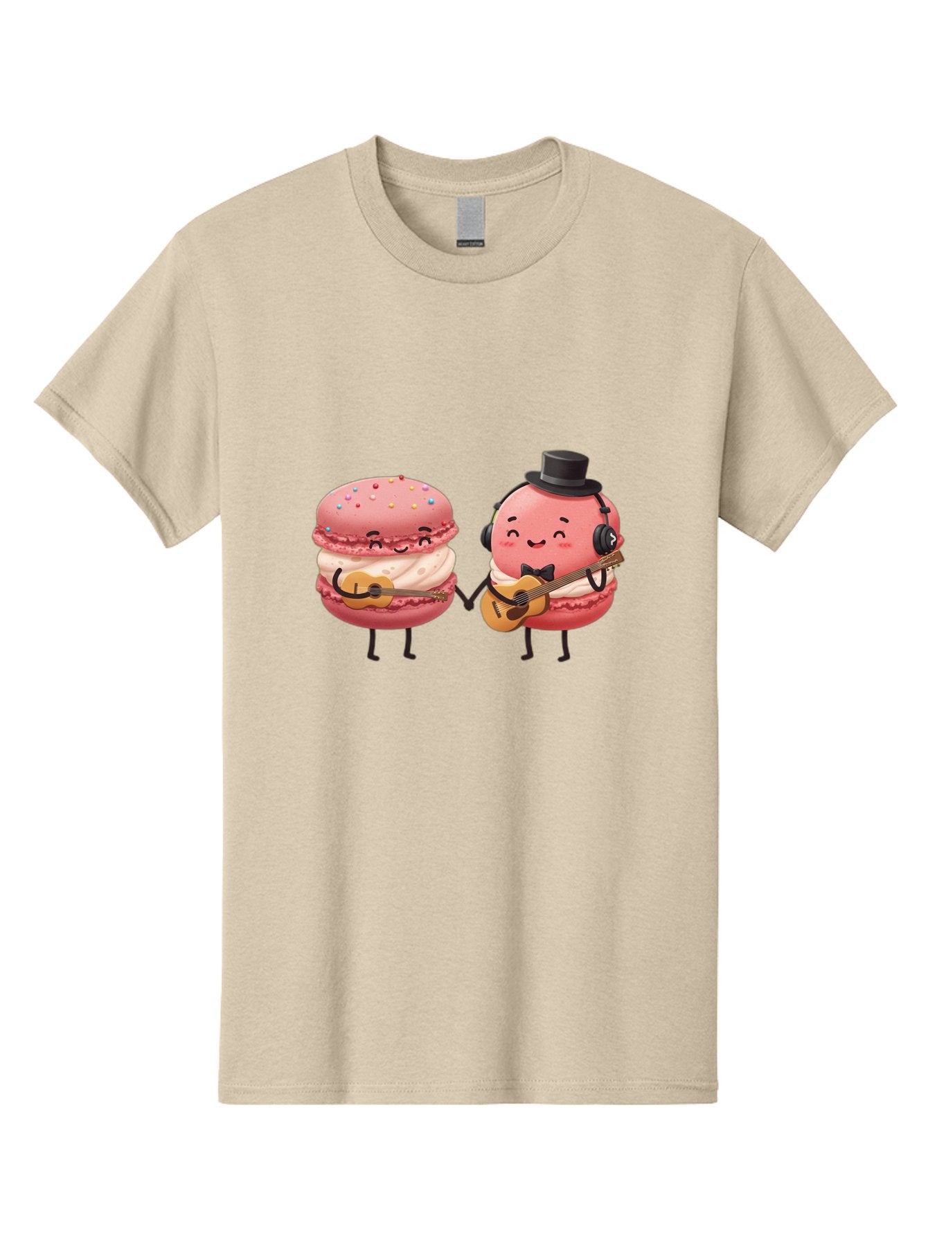 Macarons-With-Instruments Men'S Graphic Tee, 100% Cotton, Comfortable Casual Summer Wear, Machine Washable, Cartoon Macarons, Pink Macarons With Guitars, Cute Desserts, Musical Treats, Whimsical Illustration, Sweet Duo, Colorful Sprinkles, Baa961 9