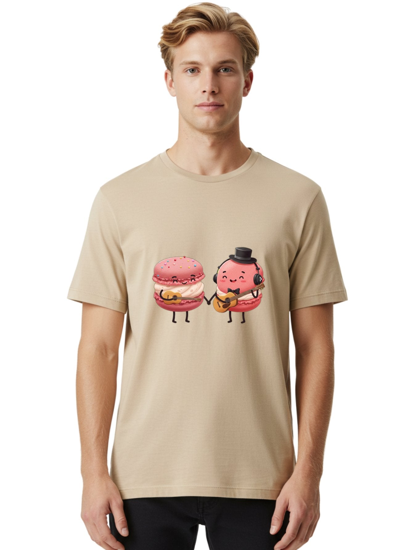 Macarons-With-Instruments Men'S Graphic Tee, 100% Cotton, Comfortable Casual Summer Wear, Machine Washable, Cartoon Macarons, Pink Macarons With Guitars, Cute Desserts, Musical Treats, Whimsical Illustration, Sweet Duo, Colorful Sprinkles, Baa961 26