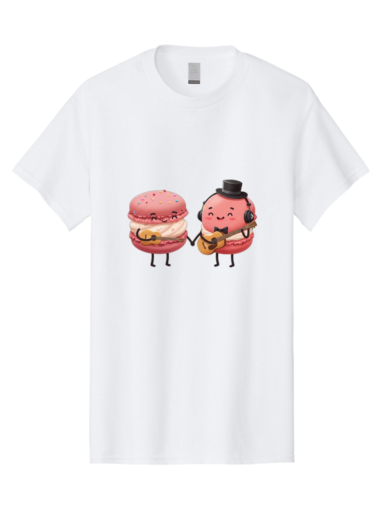 Macarons-With-Instruments Men'S Graphic Tee, 100% Cotton, Comfortable Casual Summer Wear, Machine Washable, Cartoon Macarons, Pink Macarons With Guitars, Cute Desserts, Musical Treats, Whimsical Illustration, Sweet Duo, Colorful Sprinkles, Baa961 13