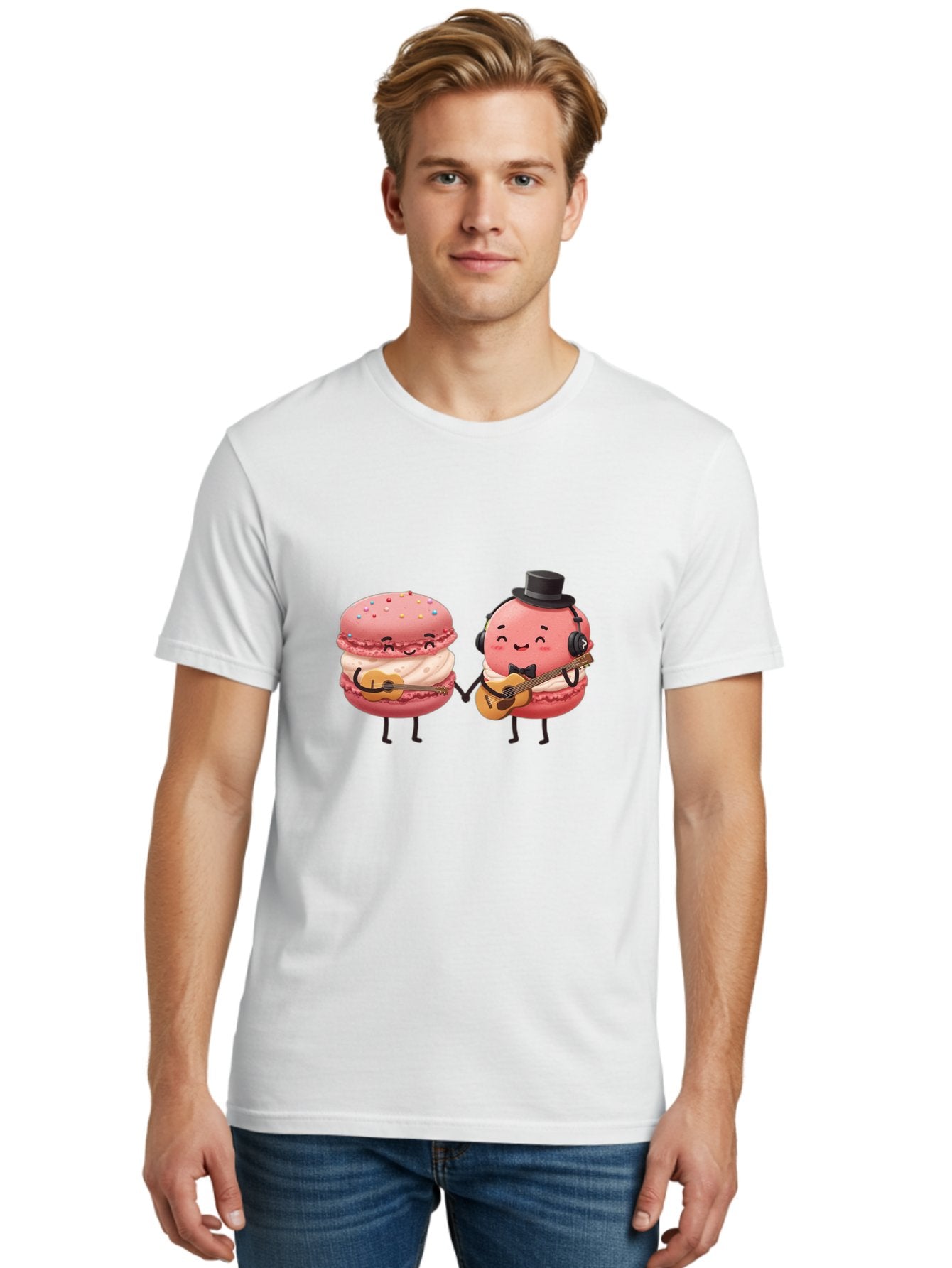 Macarons-With-Instruments Men'S Graphic Tee, 100% Cotton, Comfortable Casual Summer Wear, Machine Washable, Cartoon Macarons, Pink Macarons With Guitars, Cute Desserts, Musical Treats, Whimsical Illustration, Sweet Duo, Colorful Sprinkles, Baa961 20