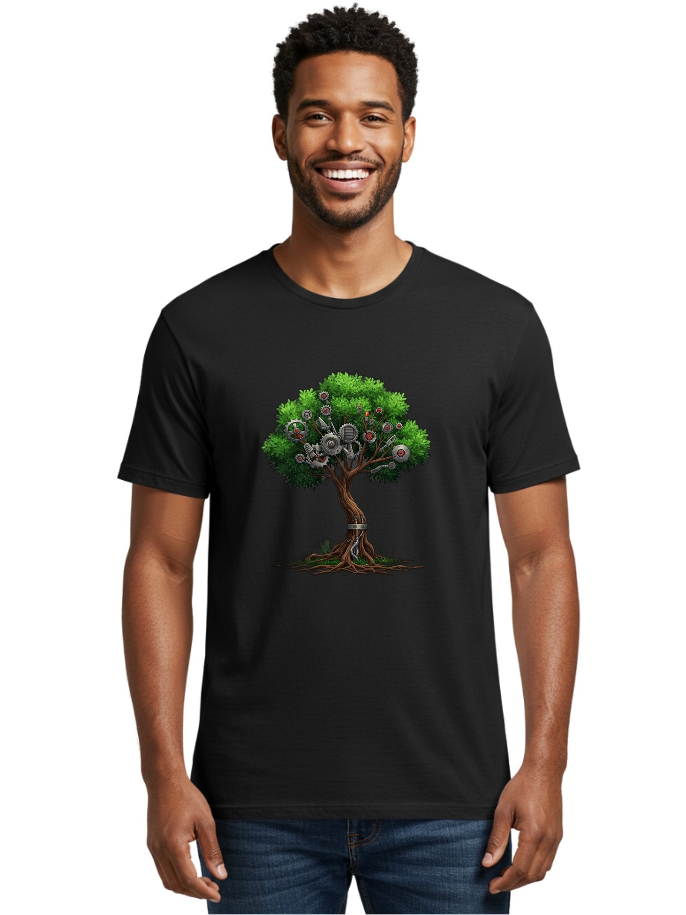 Machine-Tree Men'S Graphic Tee, 100% Cotton, Comfortable Casual Summer Wear, Machine Washable, Tree With Mechanical Parts, Gears And Machinery, Futuristic Design, Industrial Elements, Natural Meets Technology, Eco-Friendly Innovation, Baa963 20