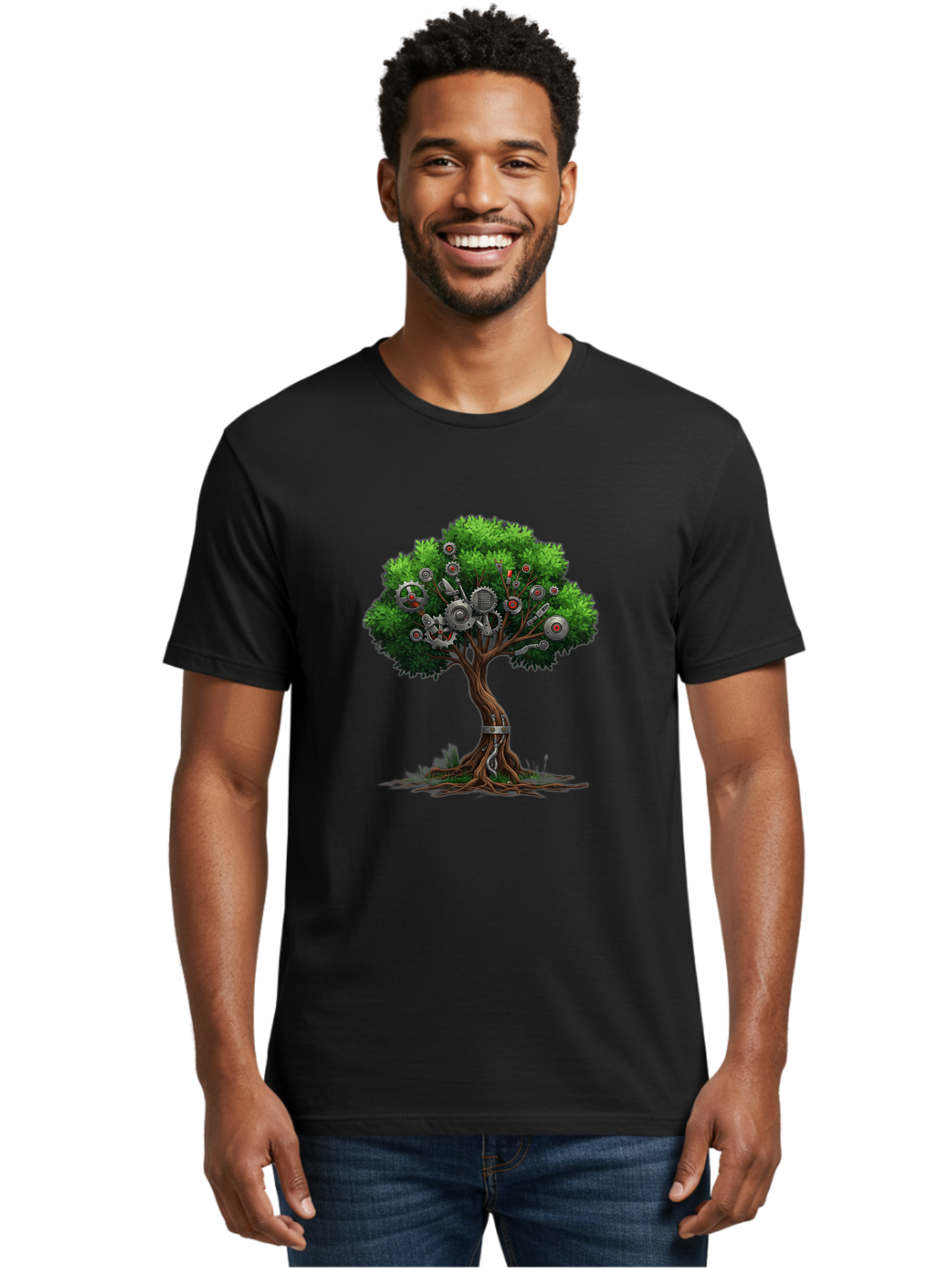 Machine-Tree Men'S Graphic Tee, 100% Cotton, Comfortable Casual Summer Wear, Machine Washable, Tree With Mechanical Parts, Gears And Machinery, Futuristic Design, Industrial Elements, Natural Meets Technology, Eco-Friendly Innovation, Baa963 30