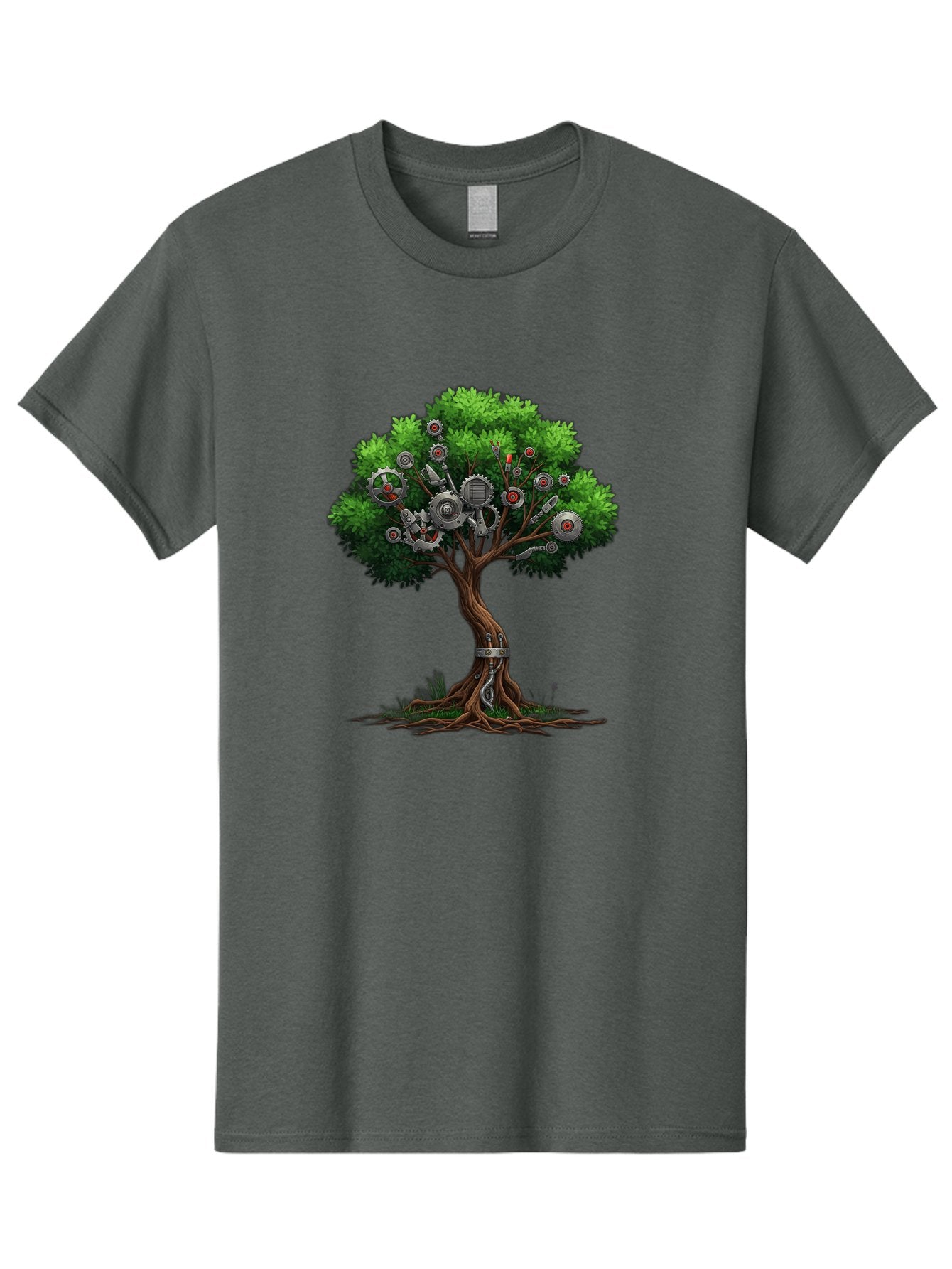 Machine-Tree Men'S Graphic Tee, 100% Cotton, Comfortable Casual Summer Wear, Machine Washable, Tree With Mechanical Parts, Gears And Machinery, Futuristic Design, Industrial Elements, Natural Meets Technology, Eco-Friendly Innovation, Baa963 3