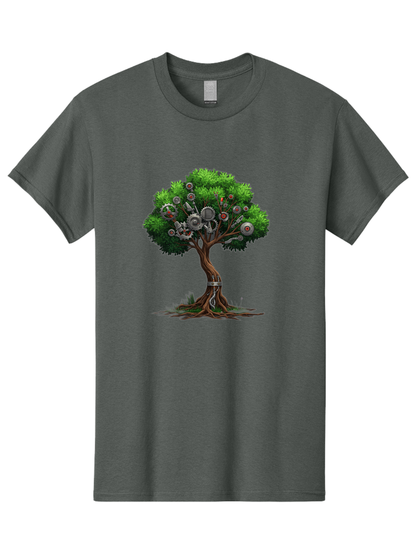 Machine-Tree Men'S Graphic Tee, 100% Cotton, Comfortable Casual Summer Wear, Machine Washable, Tree With Mechanical Parts, Gears And Machinery, Futuristic Design, Industrial Elements, Natural Meets Technology, Eco-Friendly Innovation, Baa963 17