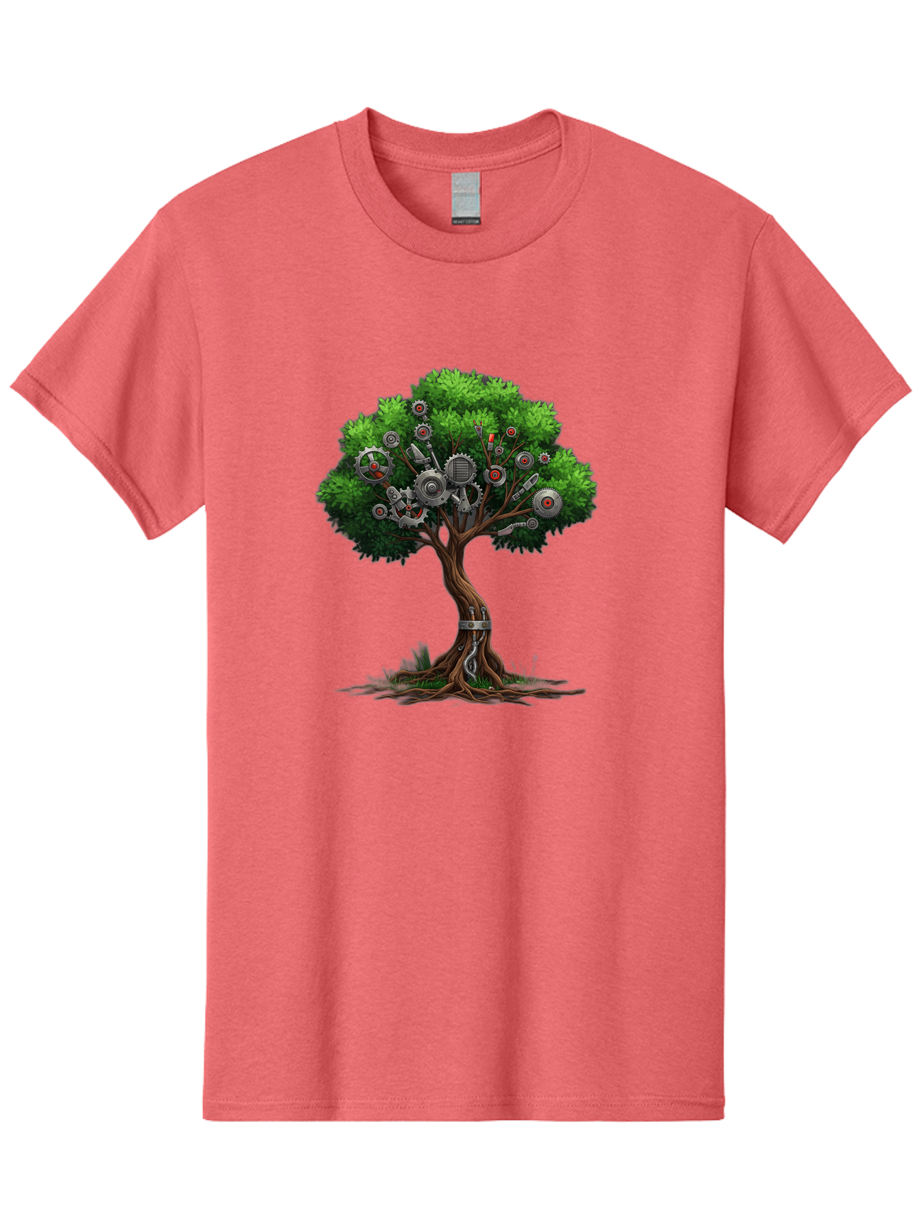 Machine-Tree Men'S Graphic Tee, 100% Cotton, Comfortable Casual Summer Wear, Machine Washable, Tree With Mechanical Parts, Gears And Machinery, Futuristic Design, Industrial Elements, Natural Meets Technology, Eco-Friendly Innovation, Baa963 11