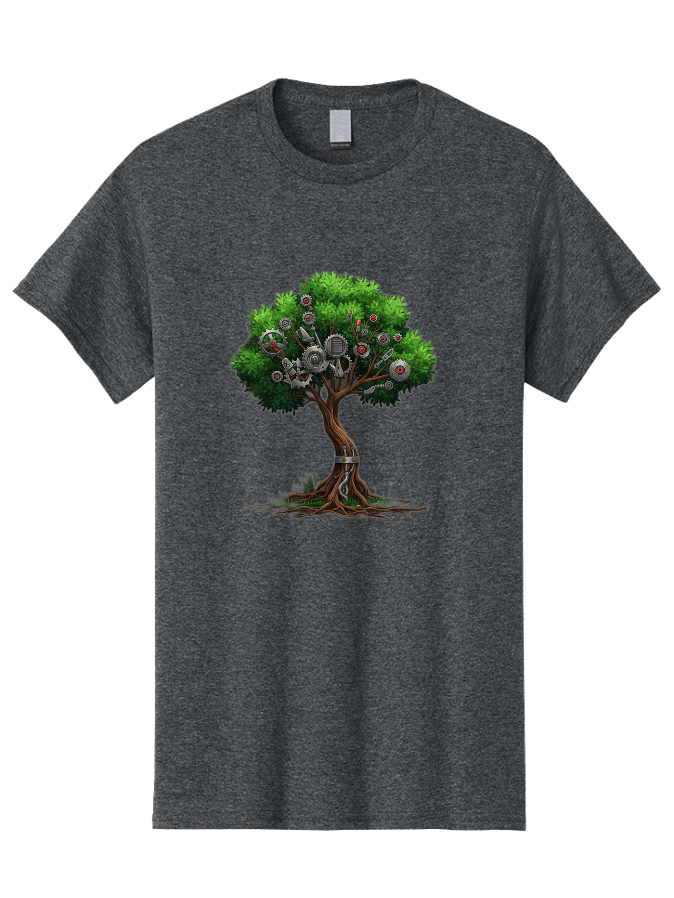 Machine-Tree Men'S Graphic Tee, 100% Cotton, Comfortable Casual Summer Wear, Machine Washable, Tree With Mechanical Parts, Gears And Machinery, Futuristic Design, Industrial Elements, Natural Meets Technology, Eco-Friendly Innovation, Baa963 13