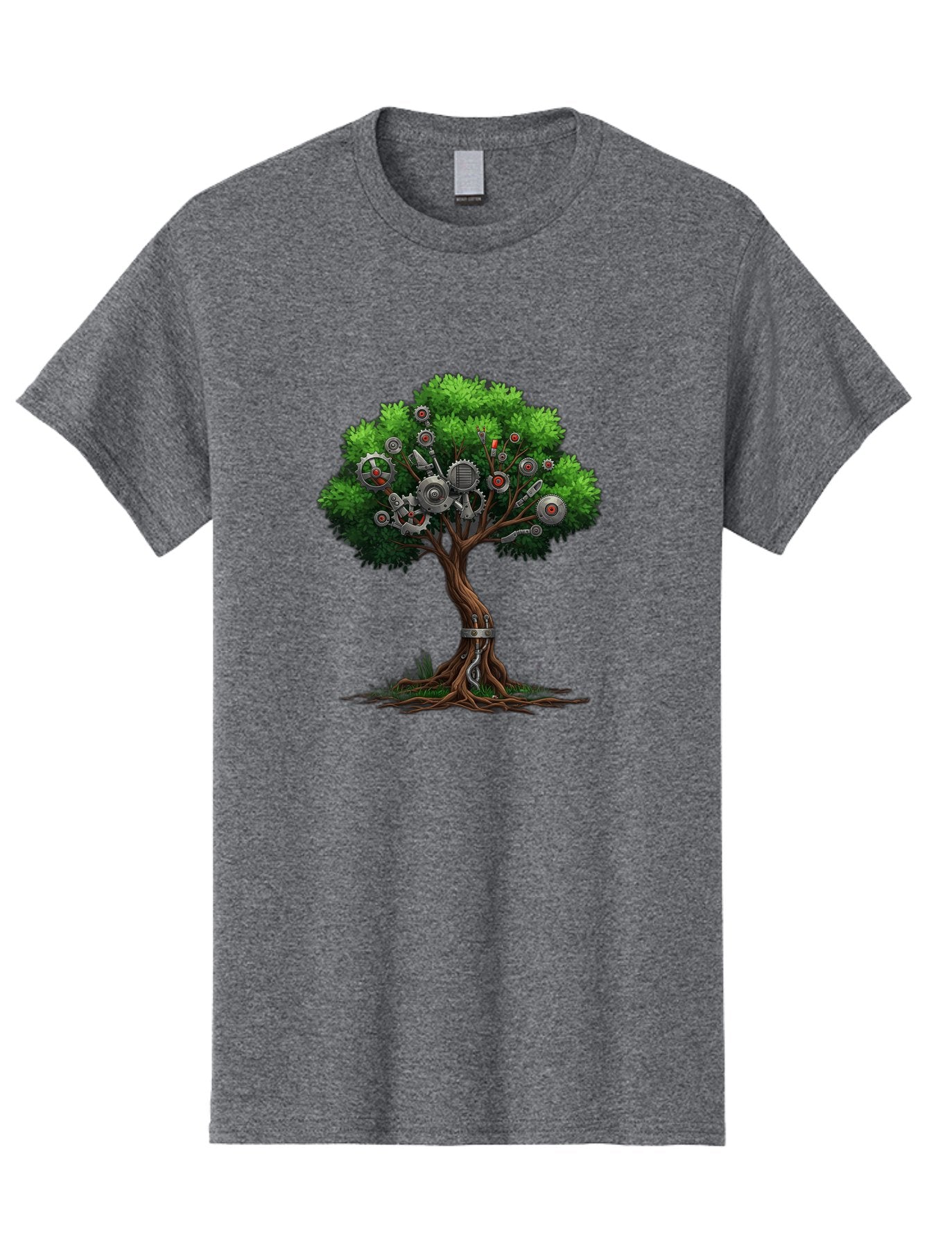 Machine-Tree Men'S Graphic Tee, 100% Cotton, Comfortable Casual Summer Wear, Machine Washable, Tree With Mechanical Parts, Gears And Machinery, Futuristic Design, Industrial Elements, Natural Meets Technology, Eco-Friendly Innovation, Baa963