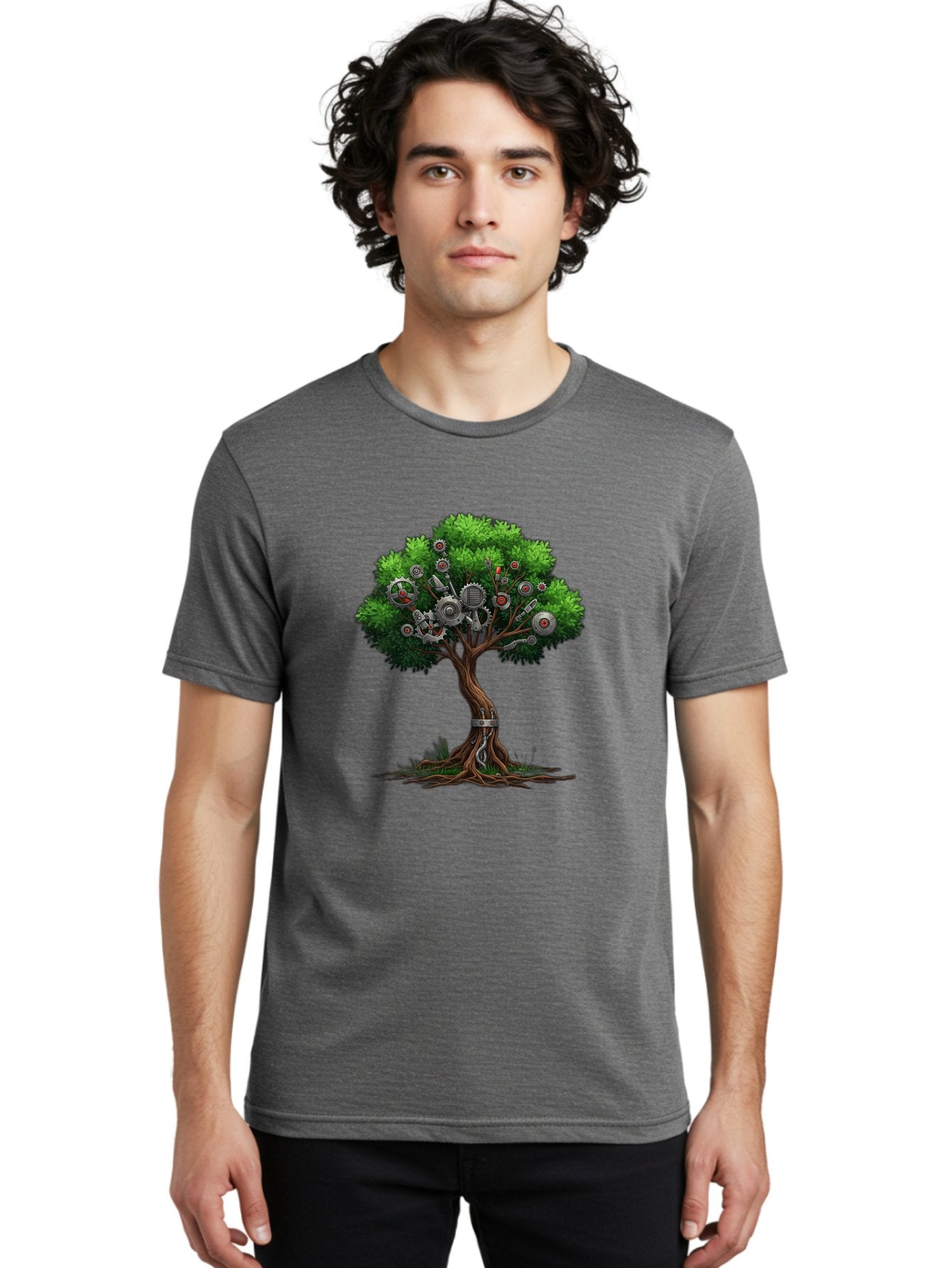 Machine-Tree Men'S Graphic Tee, 100% Cotton, Comfortable Casual Summer Wear, Machine Washable, Tree With Mechanical Parts, Gears And Machinery, Futuristic Design, Industrial Elements, Natural Meets Technology, Eco-Friendly Innovation, Baa963 19