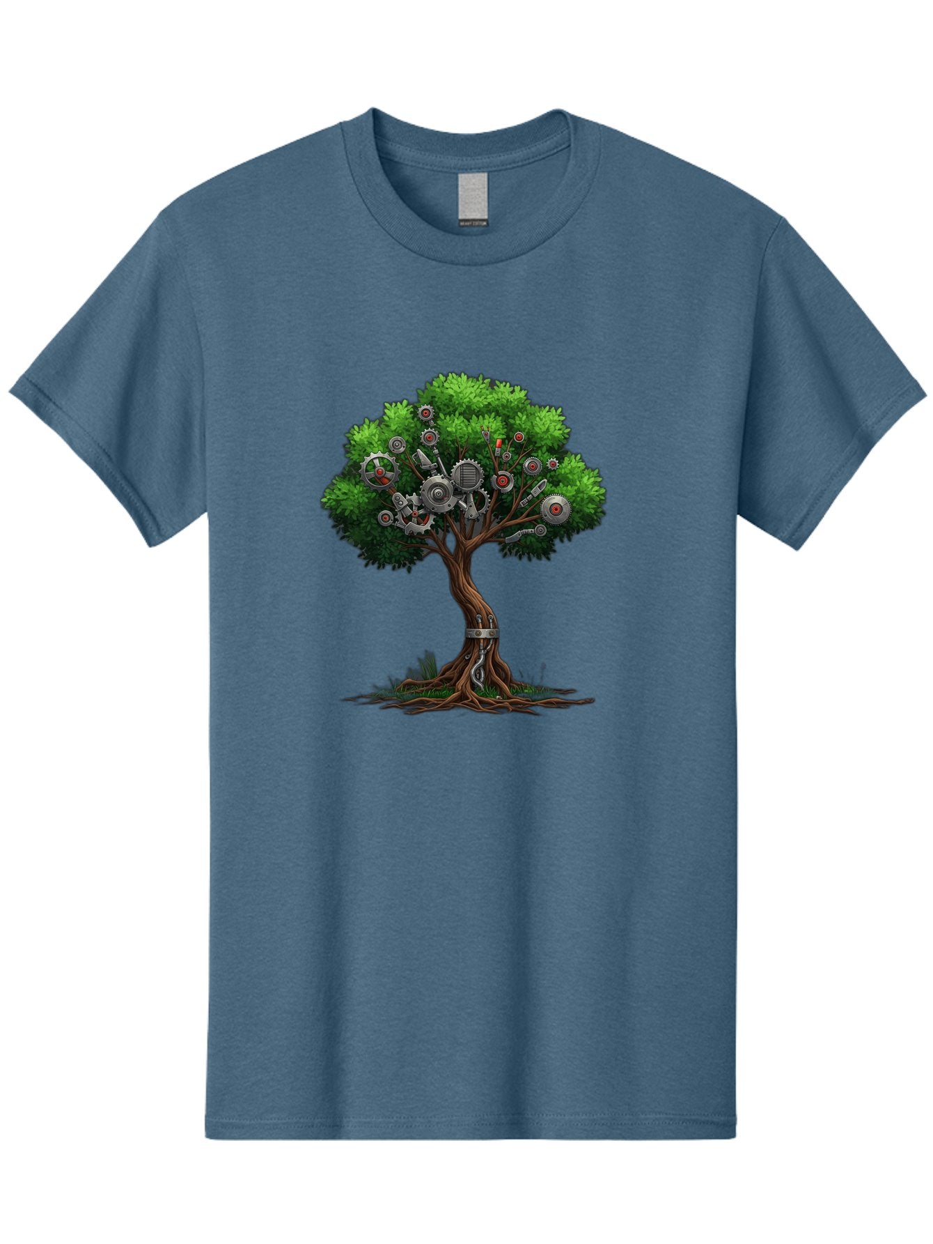 Machine-Tree Men'S Graphic Tee, 100% Cotton, Comfortable Casual Summer Wear, Machine Washable, Tree With Mechanical Parts, Gears And Machinery, Futuristic Design, Industrial Elements, Natural Meets Technology, Eco-Friendly Innovation, Baa963 12