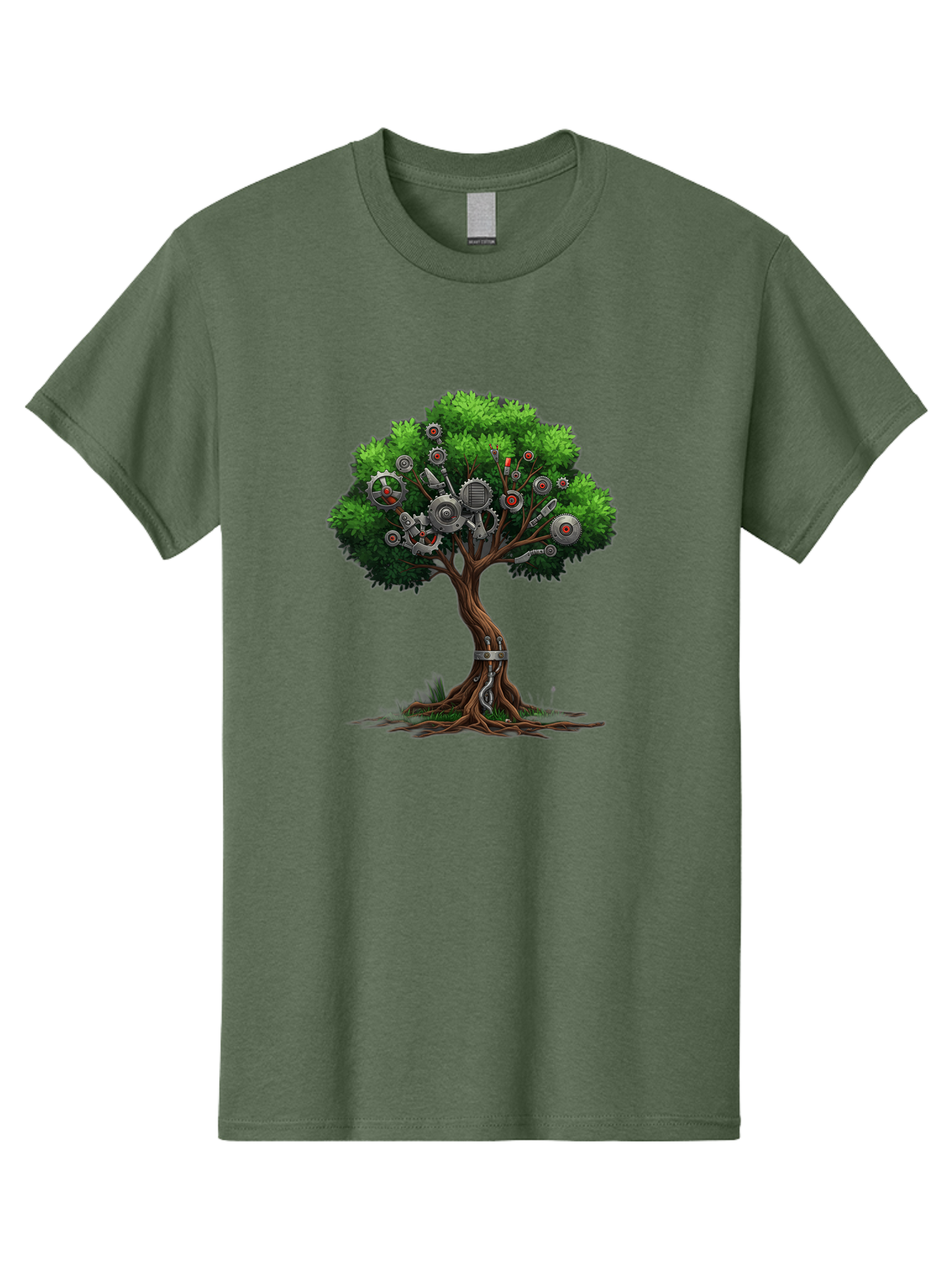 Machine-Tree Men'S Graphic Tee, 100% Cotton, Comfortable Casual Summer Wear, Machine Washable, Tree With Mechanical Parts, Gears And Machinery, Futuristic Design, Industrial Elements, Natural Meets Technology, Eco-Friendly Innovation, Baa963 25