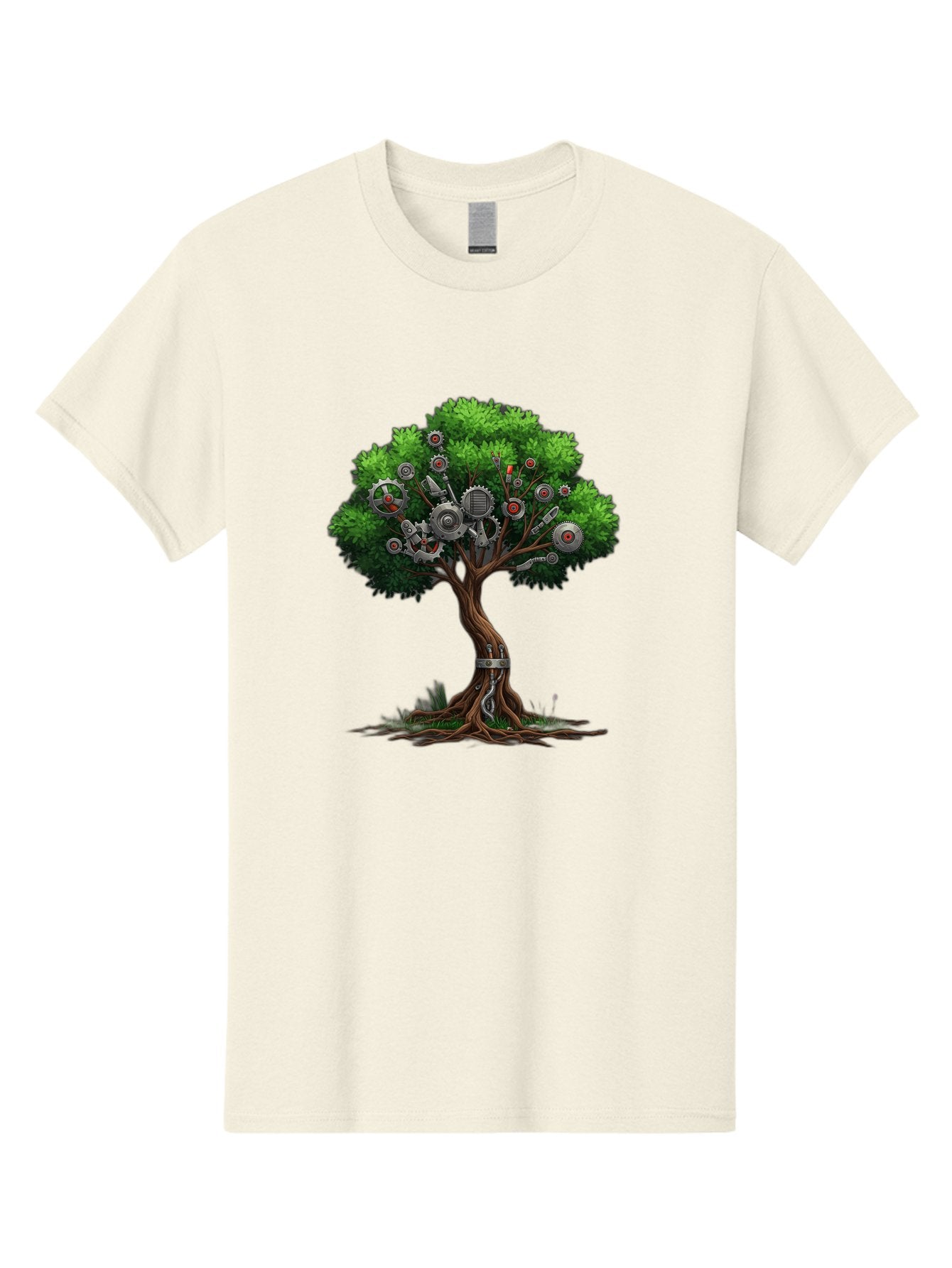 Machine-Tree Men'S Graphic Tee, 100% Cotton, Comfortable Casual Summer Wear, Machine Washable, Tree With Mechanical Parts, Gears And Machinery, Futuristic Design, Industrial Elements, Natural Meets Technology, Eco-Friendly Innovation, Baa963