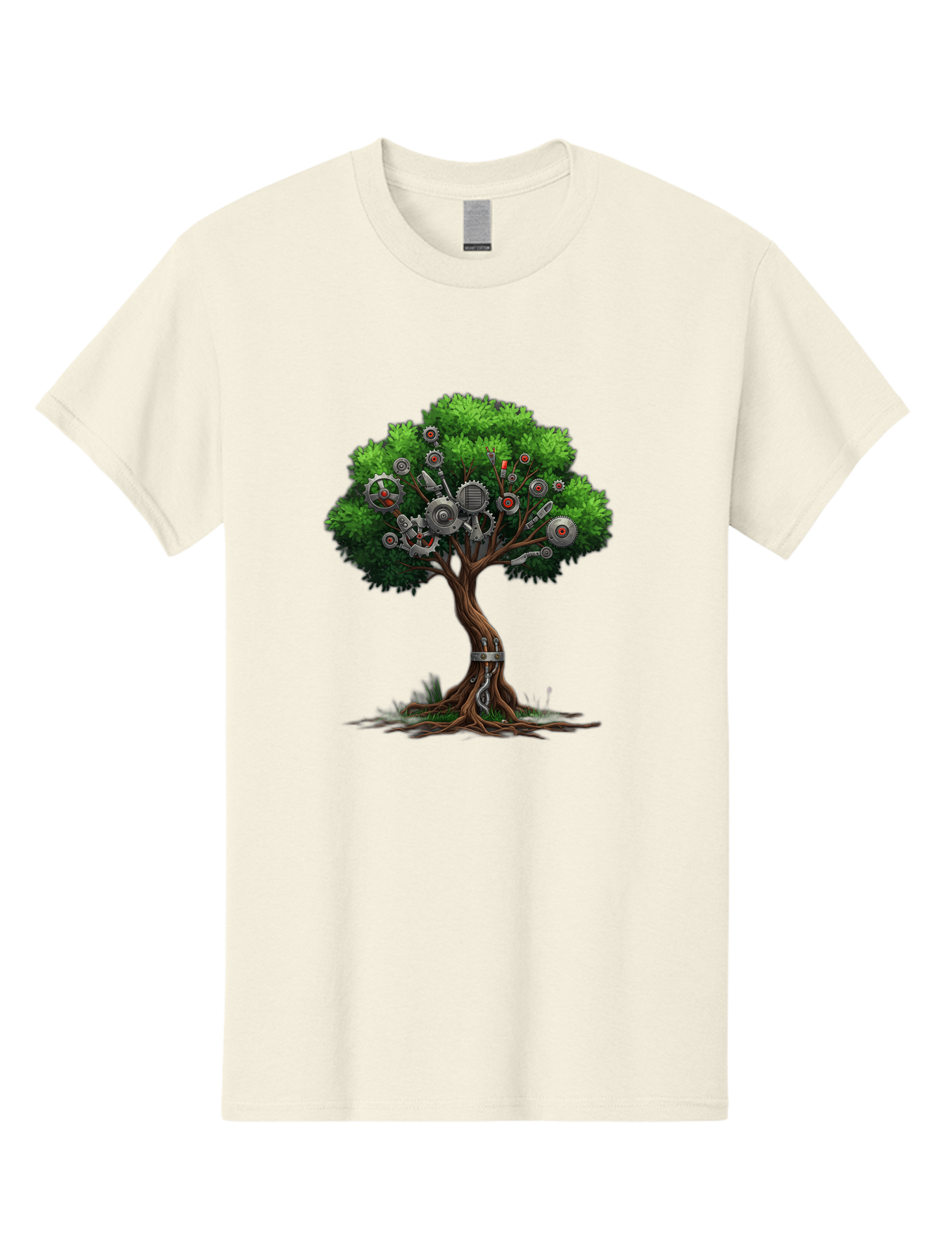 Machine-Tree Men'S Graphic Tee, 100% Cotton, Comfortable Casual Summer Wear, Machine Washable, Tree With Mechanical Parts, Gears And Machinery, Futuristic Design, Industrial Elements, Natural Meets Technology, Eco-Friendly Innovation, Baa963 19