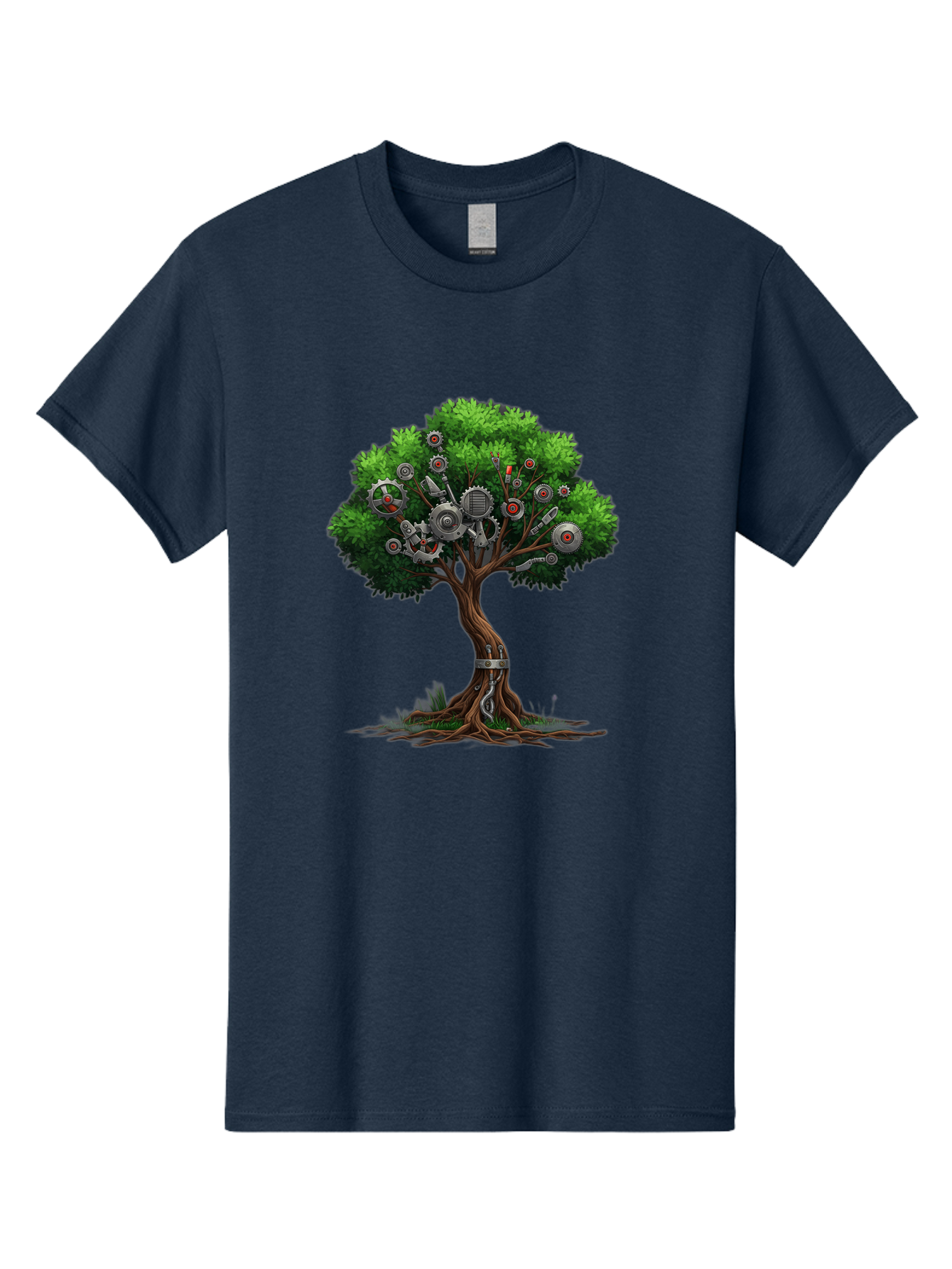 Machine-Tree Men'S Graphic Tee, 100% Cotton, Comfortable Casual Summer Wear, Machine Washable, Tree With Mechanical Parts, Gears And Machinery, Futuristic Design, Industrial Elements, Natural Meets Technology, Eco-Friendly Innovation, Baa963 3