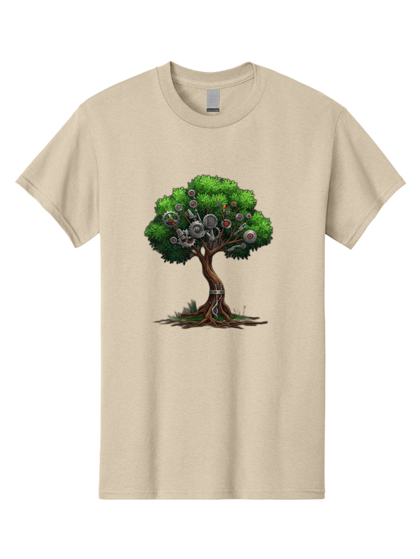 Machine-Tree Men'S Graphic Tee, 100% Cotton, Comfortable Casual Summer Wear, Machine Washable, Tree With Mechanical Parts, Gears And Machinery, Futuristic Design, Industrial Elements, Natural Meets Technology, Eco-Friendly Innovation, Baa963 10