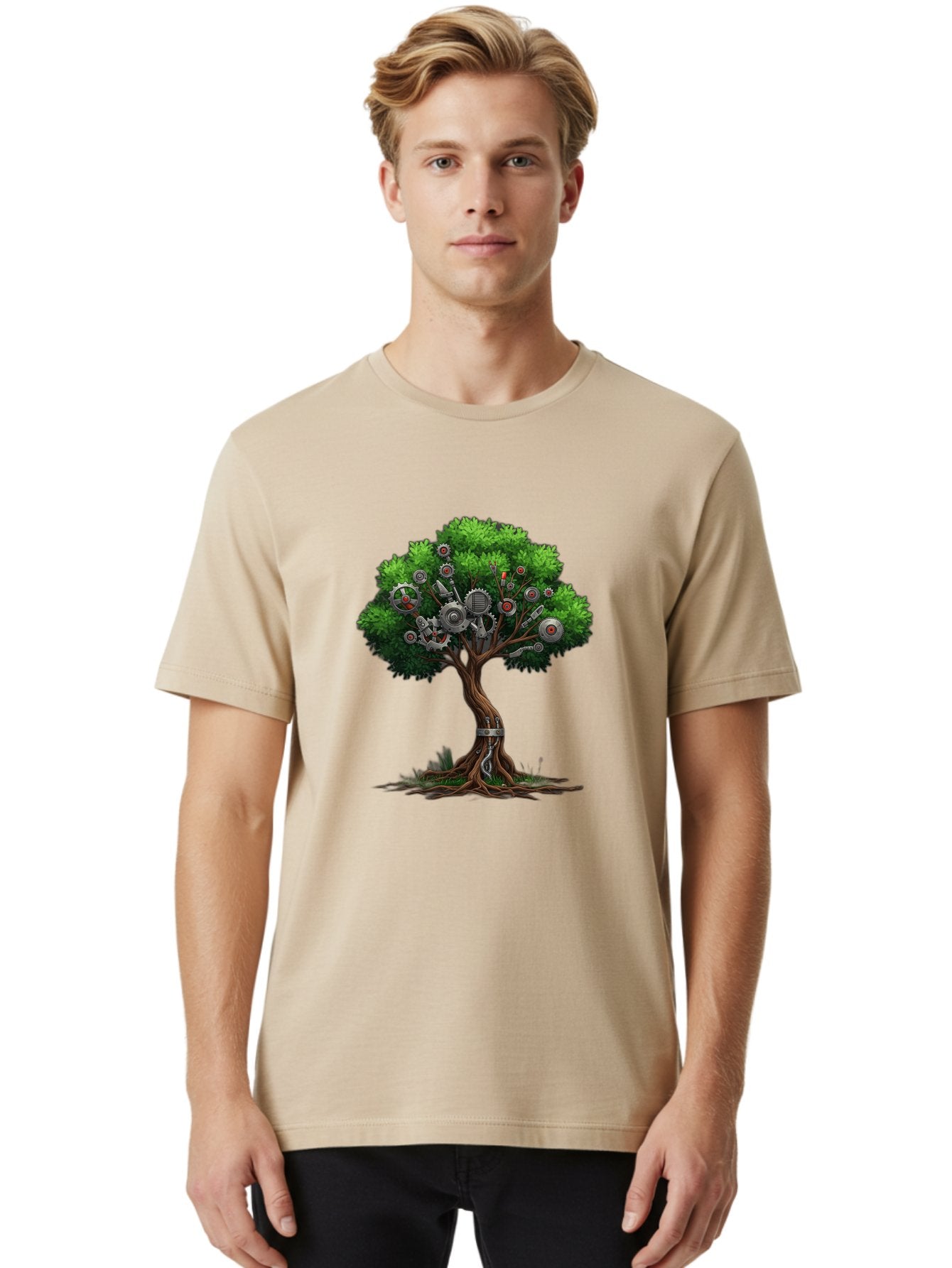 Machine-Tree Men'S Graphic Tee, 100% Cotton, Comfortable Casual Summer Wear, Machine Washable, Tree With Mechanical Parts, Gears And Machinery, Futuristic Design, Industrial Elements, Natural Meets Technology, Eco-Friendly Innovation, Baa963 17
