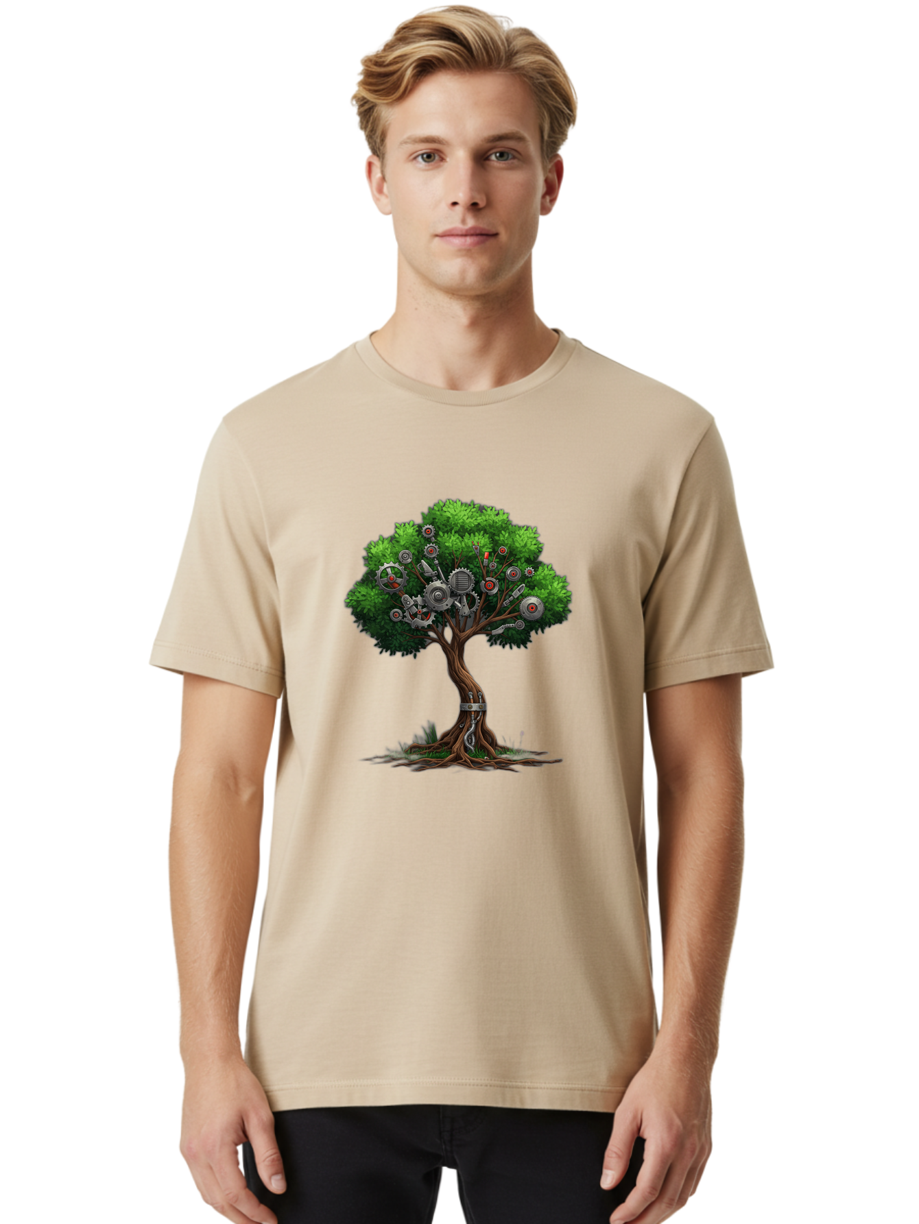 Machine-Tree Men'S Graphic Tee, 100% Cotton, Comfortable Casual Summer Wear, Machine Washable, Tree With Mechanical Parts, Gears And Machinery, Futuristic Design, Industrial Elements, Natural Meets Technology, Eco-Friendly Innovation, Baa963 28
