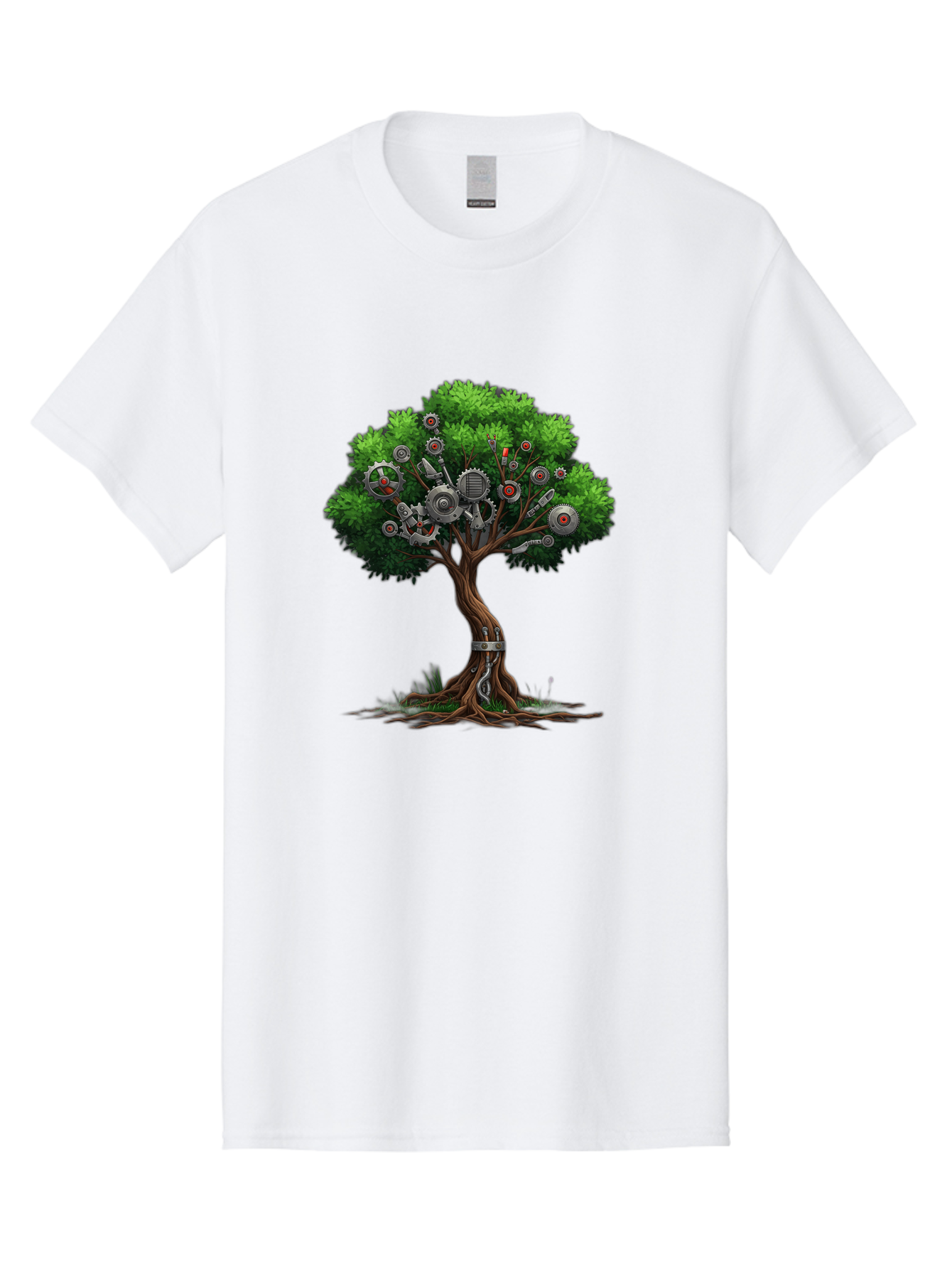 Machine-Tree Men'S Graphic Tee, 100% Cotton, Comfortable Casual Summer Wear, Machine Washable, Tree With Mechanical Parts, Gears And Machinery, Futuristic Design, Industrial Elements, Natural Meets Technology, Eco-Friendly Innovation, Baa963 7