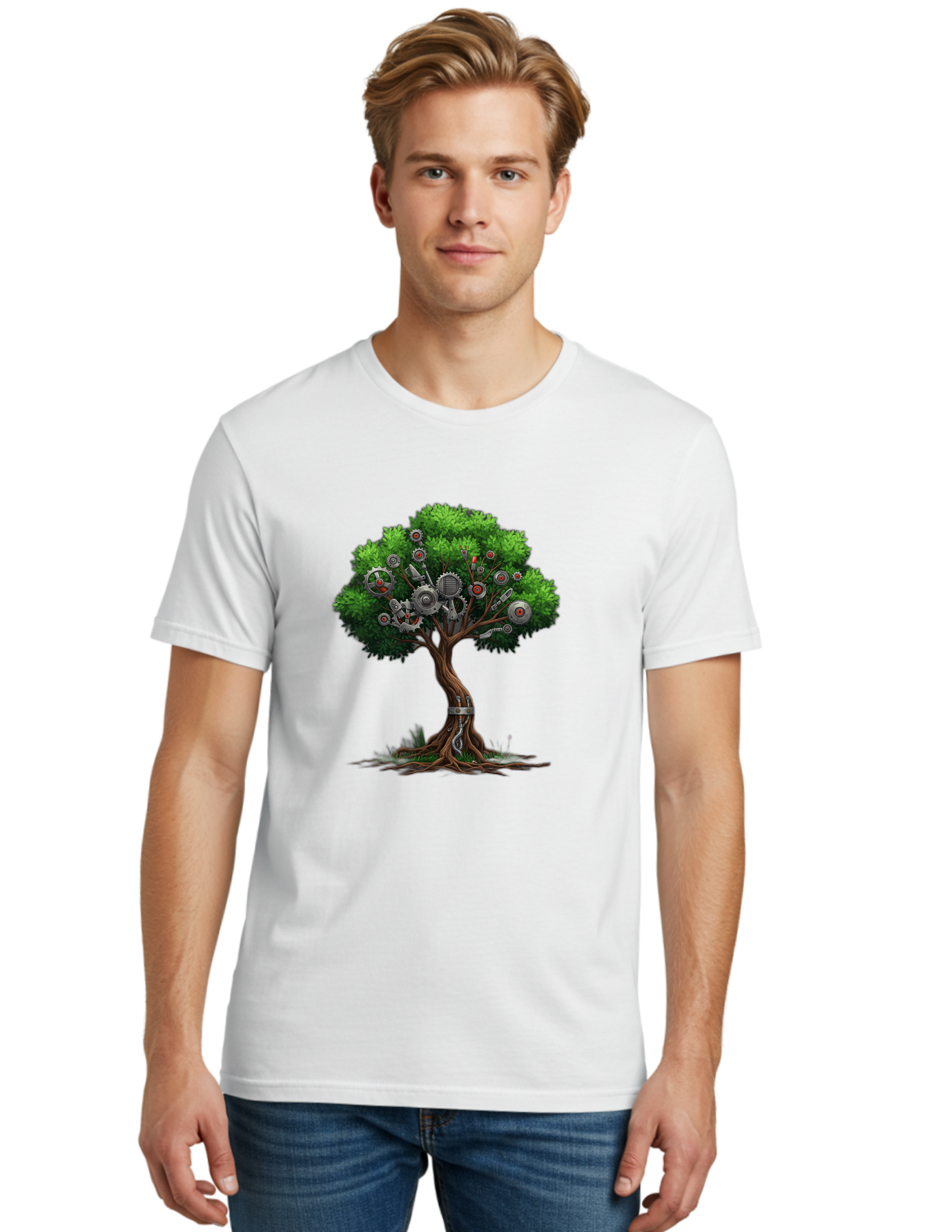 Machine-Tree Men'S Graphic Tee, 100% Cotton, Comfortable Casual Summer Wear, Machine Washable, Tree With Mechanical Parts, Gears And Machinery, Futuristic Design, Industrial Elements, Natural Meets Technology, Eco-Friendly Innovation, Baa963 8