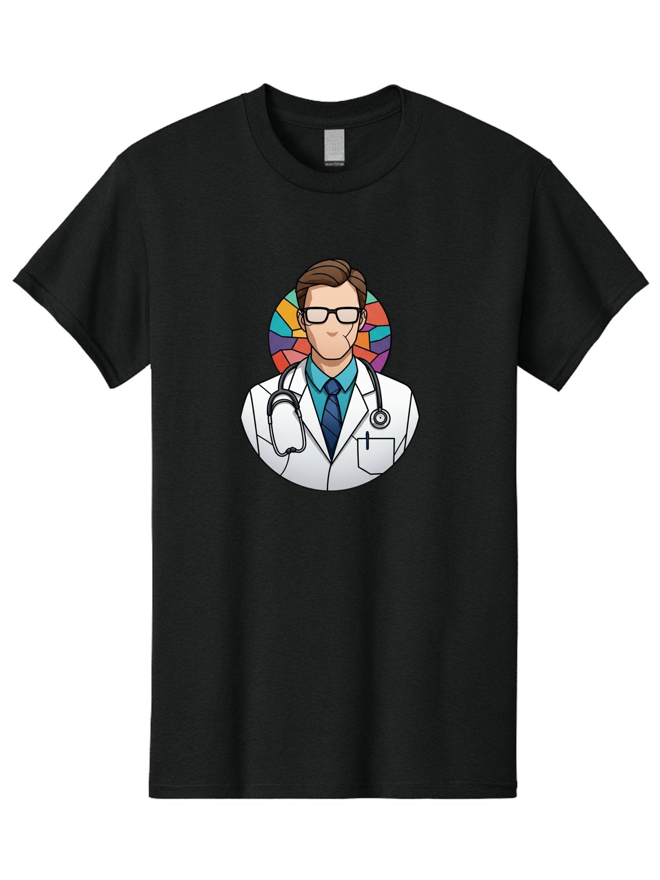 Male-Doctor Men'S Graphic Tee, 100% Cotton, Comfortable Casual Summer Wear, Machine Washable, Cartoon Doctor, Medical Professional, White Coat, Stethoscope, Blue Shirt, Tie, Glasses, Brown Hair, Multicolored Circle Baa965 5