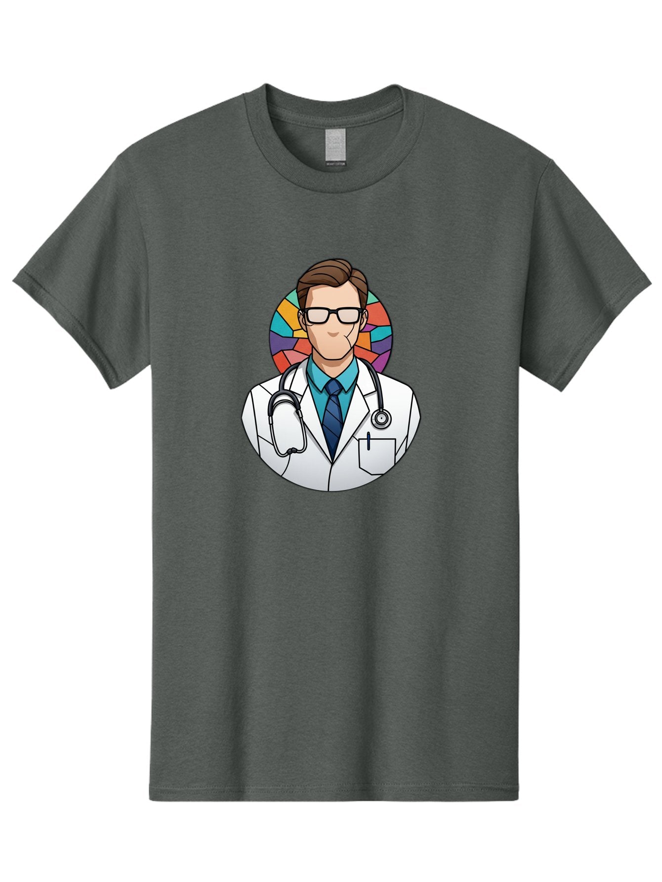 Male-Doctor Men'S Graphic Tee, 100% Cotton, Comfortable Casual Summer Wear, Machine Washable, Cartoon Doctor, Medical Professional, White Coat, Stethoscope, Blue Shirt, Tie, Glasses, Brown Hair, Multicolored Circle Baa965