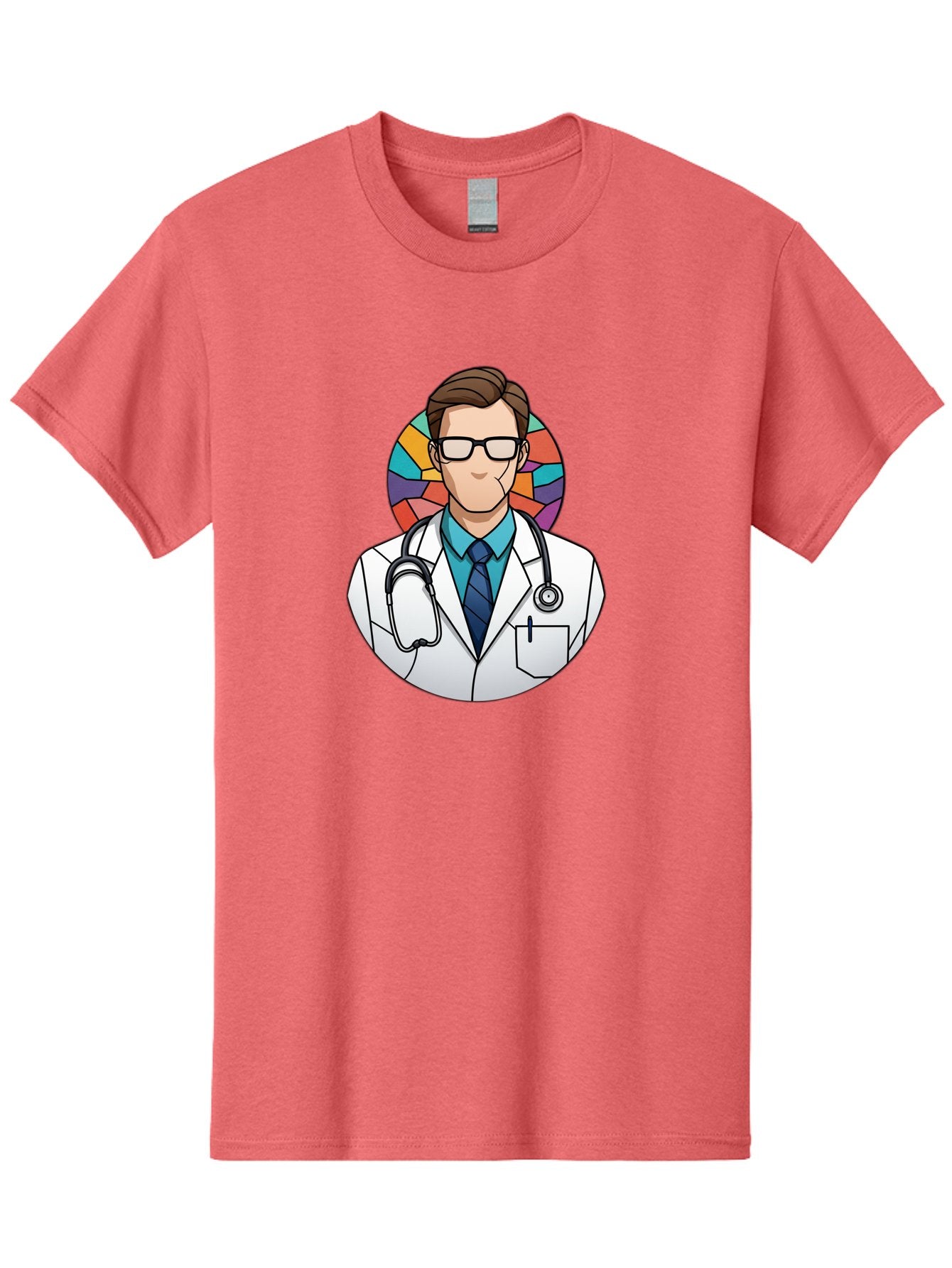 Male-Doctor Men'S Graphic Tee, 100% Cotton, Comfortable Casual Summer Wear, Machine Washable, Cartoon Doctor, Medical Professional, White Coat, Stethoscope, Blue Shirt, Tie, Glasses, Brown Hair, Multicolored Circle Baa965 12