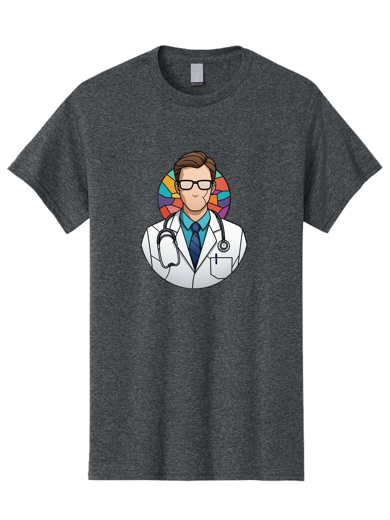Male-Doctor Men'S Graphic Tee, 100% Cotton, Comfortable Casual Summer Wear, Machine Washable, Cartoon Doctor, Medical Professional, White Coat, Stethoscope, Blue Shirt, Tie, Glasses, Brown Hair, Multicolored Circle Baa965 10