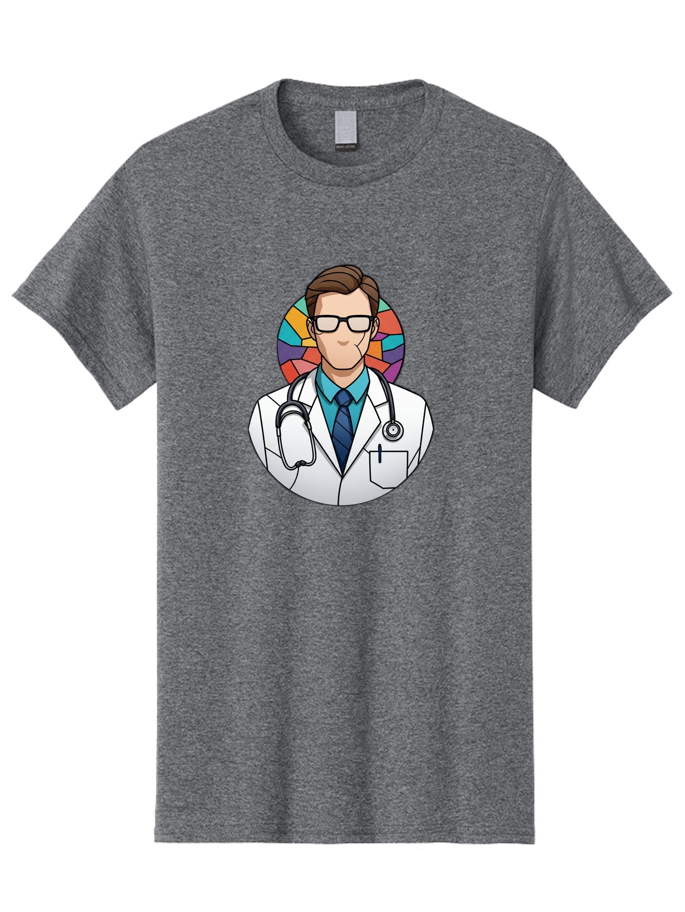Male-Doctor Men'S Graphic Tee, 100% Cotton, Comfortable Casual Summer Wear, Machine Washable, Cartoon Doctor, Medical Professional, White Coat, Stethoscope, Blue Shirt, Tie, Glasses, Brown Hair, Multicolored Circle Baa965 15
