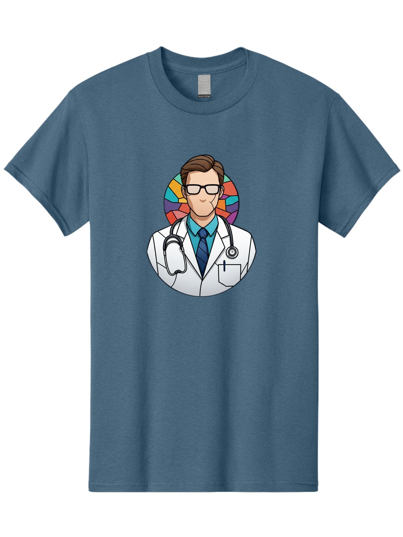 Male-Doctor Men'S Graphic Tee, 100% Cotton, Comfortable Casual Summer Wear, Machine Washable, Cartoon Doctor, Medical Professional, White Coat, Stethoscope, Blue Shirt, Tie, Glasses, Brown Hair, Multicolored Circle Baa965