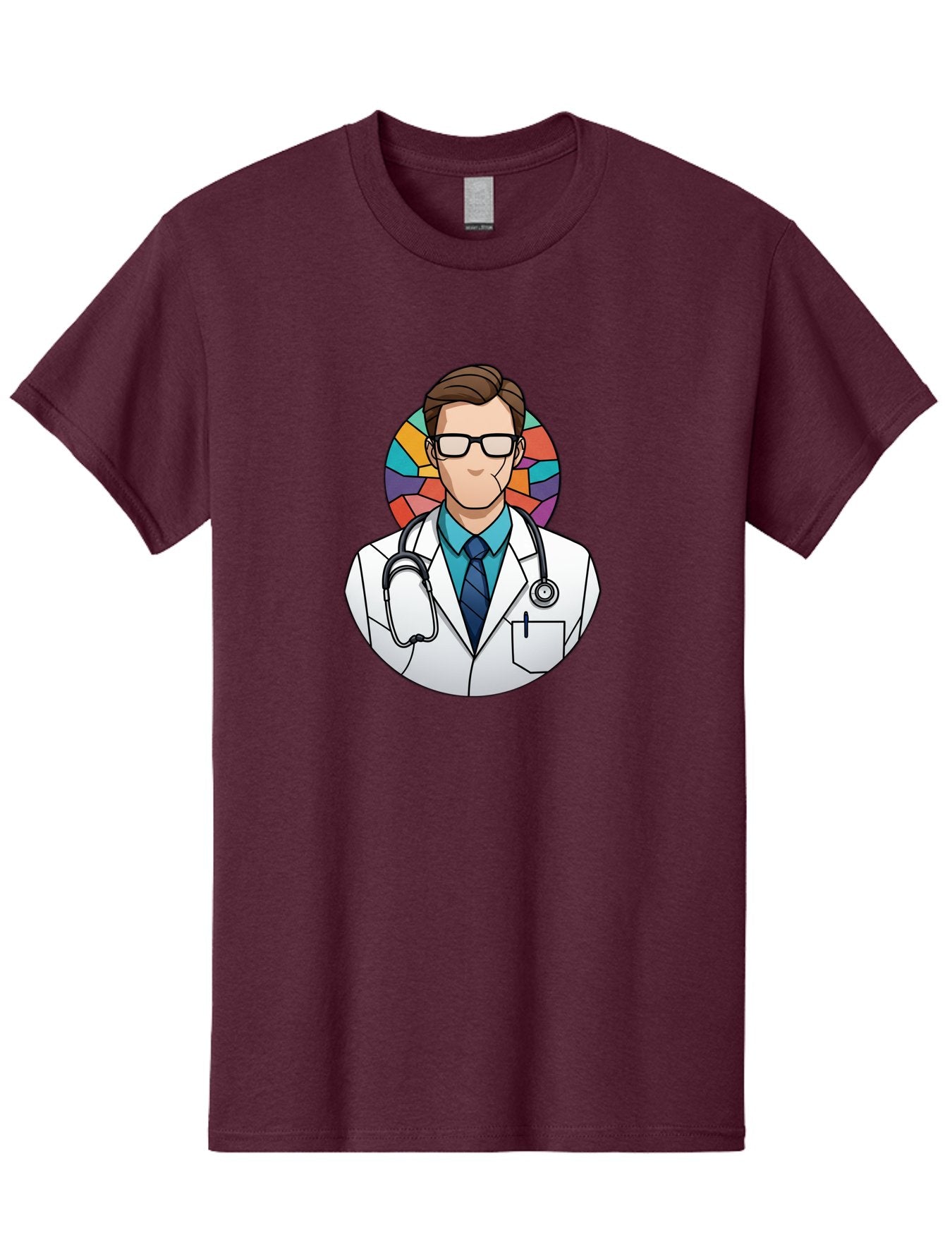Male-Doctor Men'S Graphic Tee, 100% Cotton, Comfortable Casual Summer Wear, Machine Washable, Cartoon Doctor, Medical Professional, White Coat, Stethoscope, Blue Shirt, Tie, Glasses, Brown Hair, Multicolored Circle Baa965 8