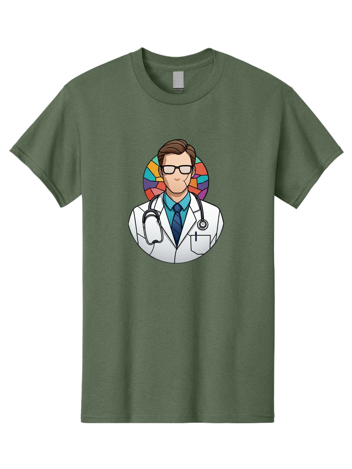 Male-Doctor Men'S Graphic Tee, 100% Cotton, Comfortable Casual Summer Wear, Machine Washable, Cartoon Doctor, Medical Professional, White Coat, Stethoscope, Blue Shirt, Tie, Glasses, Brown Hair, Multicolored Circle Baa965 11