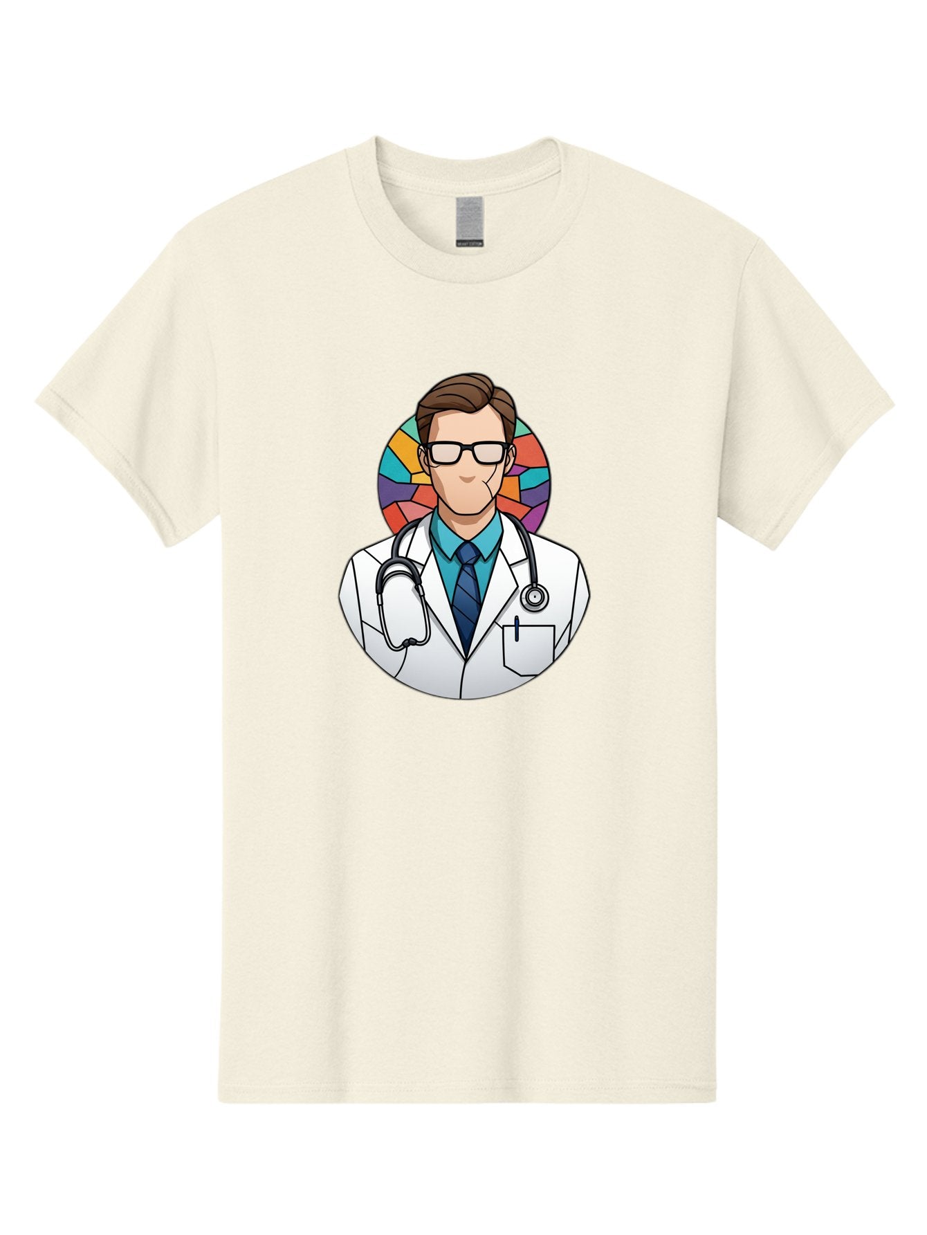 Male-Doctor Men'S Graphic Tee, 100% Cotton, Comfortable Casual Summer Wear, Machine Washable, Cartoon Doctor, Medical Professional, White Coat, Stethoscope, Blue Shirt, Tie, Glasses, Brown Hair, Multicolored Circle Baa965 14