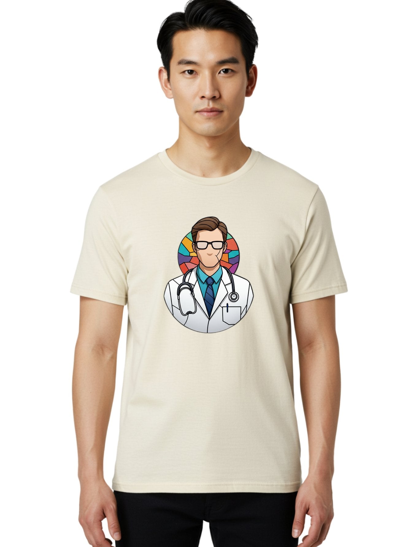 Male-Doctor Men'S Graphic Tee, 100% Cotton, Comfortable Casual Summer Wear, Machine Washable, Cartoon Doctor, Medical Professional, White Coat, Stethoscope, Blue Shirt, Tie, Glasses, Brown Hair, Multicolored Circle Baa965 29