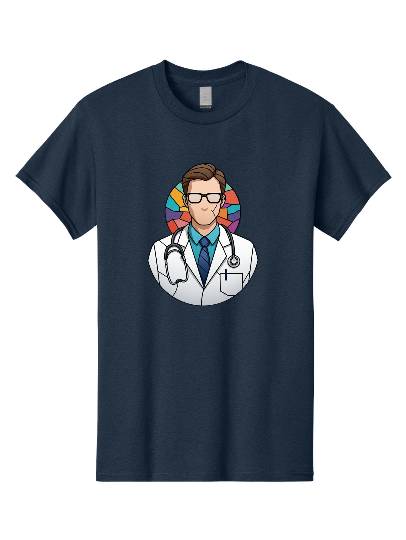 Male-Doctor Men'S Graphic Tee, 100% Cotton, Comfortable Casual Summer Wear, Machine Washable, Cartoon Doctor, Medical Professional, White Coat, Stethoscope, Blue Shirt, Tie, Glasses, Brown Hair, Multicolored Circle Baa965 6