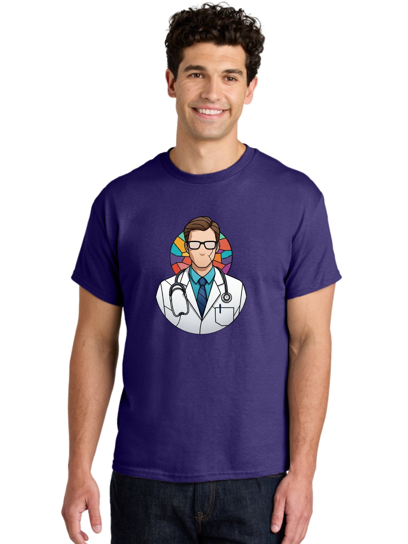 Male-Doctor Men'S Graphic Tee, 100% Cotton, Comfortable Casual Summer Wear, Machine Washable, Cartoon Doctor, Medical Professional, White Coat, Stethoscope, Blue Shirt, Tie, Glasses, Brown Hair, Multicolored Circle Baa965 18
