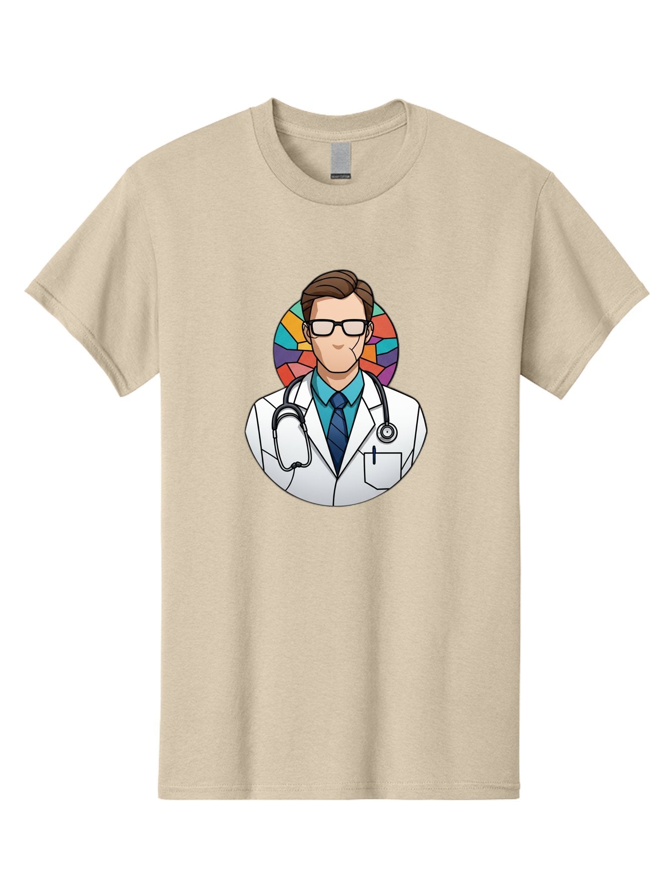 Male-Doctor Men'S Graphic Tee, 100% Cotton, Comfortable Casual Summer Wear, Machine Washable, Cartoon Doctor, Medical Professional, White Coat, Stethoscope, Blue Shirt, Tie, Glasses, Brown Hair, Multicolored Circle Baa965 7