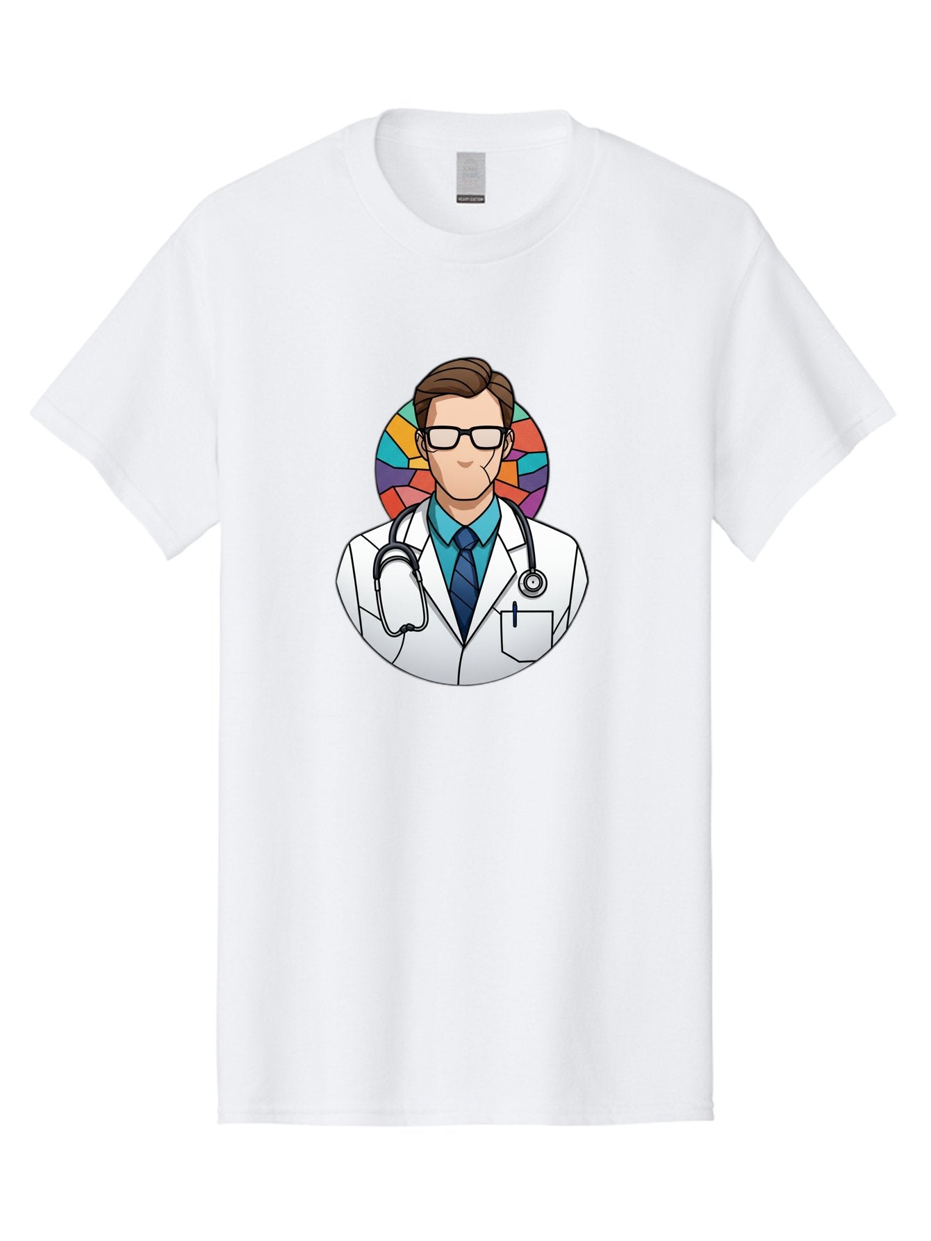 Male-Doctor Men'S Graphic Tee, 100% Cotton, Comfortable Casual Summer Wear, Machine Washable, Cartoon Doctor, Medical Professional, White Coat, Stethoscope, Blue Shirt, Tie, Glasses, Brown Hair, Multicolored Circle Baa965 13