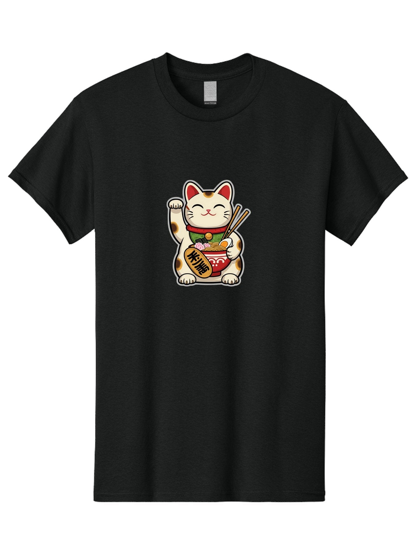 Maneki-Neko Men'S Graphic Tee, 100% Cotton, Comfortable Casual Summer Wear, Machine Washable, Lucky Cat Figurine, Beckoning Cat, Maneki Neko, Japanese Culture, Good Fortune Symbol, Cartoon Cat, Red And Green Collar, Bowl Of Noodles, Chopsticks Baa967 15
