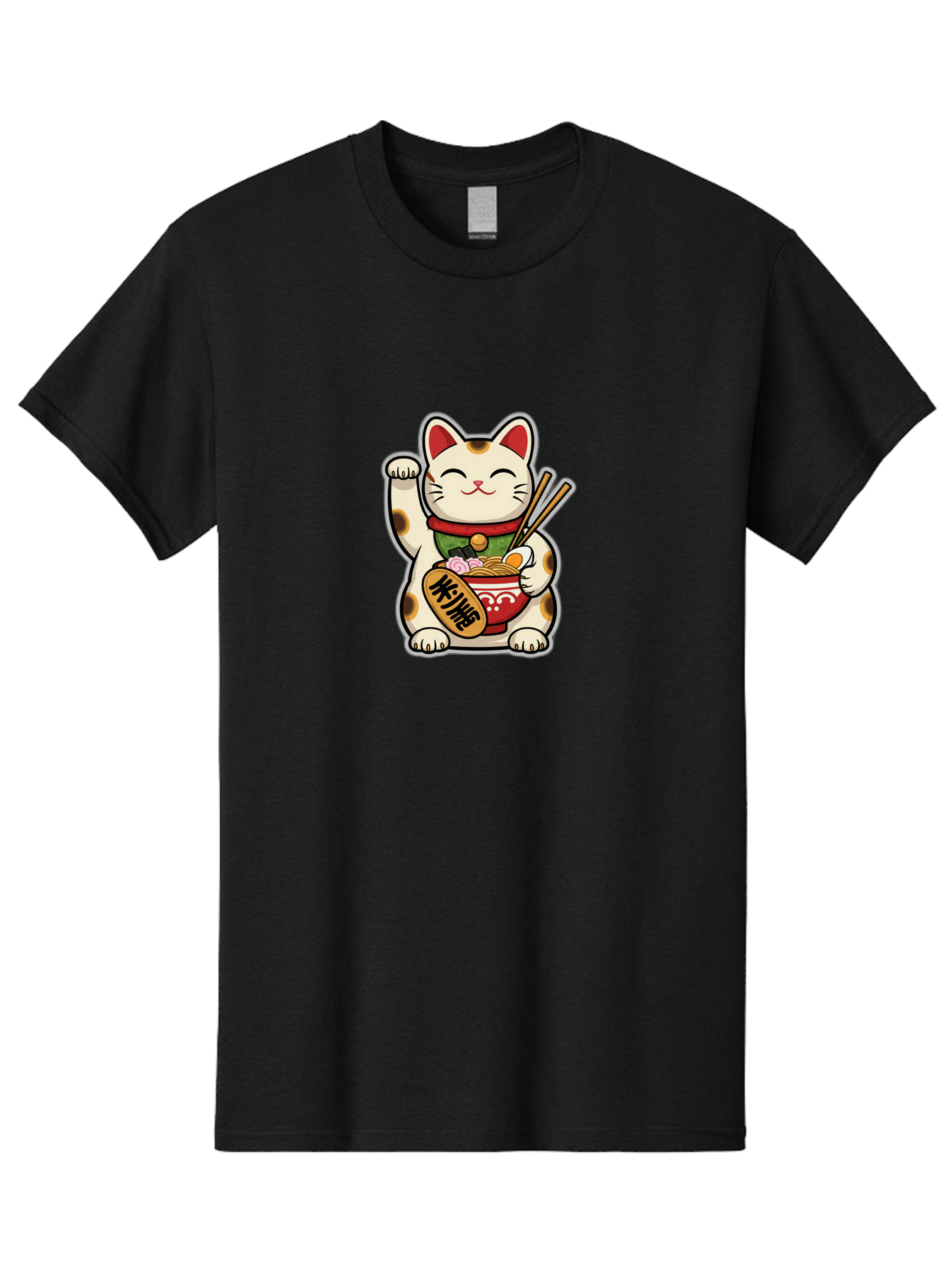 Maneki-Neko Men'S Graphic Tee, 100% Cotton, Comfortable Casual Summer Wear, Machine Washable, Lucky Cat Figurine, Beckoning Cat, Maneki Neko, Japanese Culture, Good Fortune Symbol, Cartoon Cat, Red And Green Collar, Bowl Of Noodles, Chopsticks Baa967