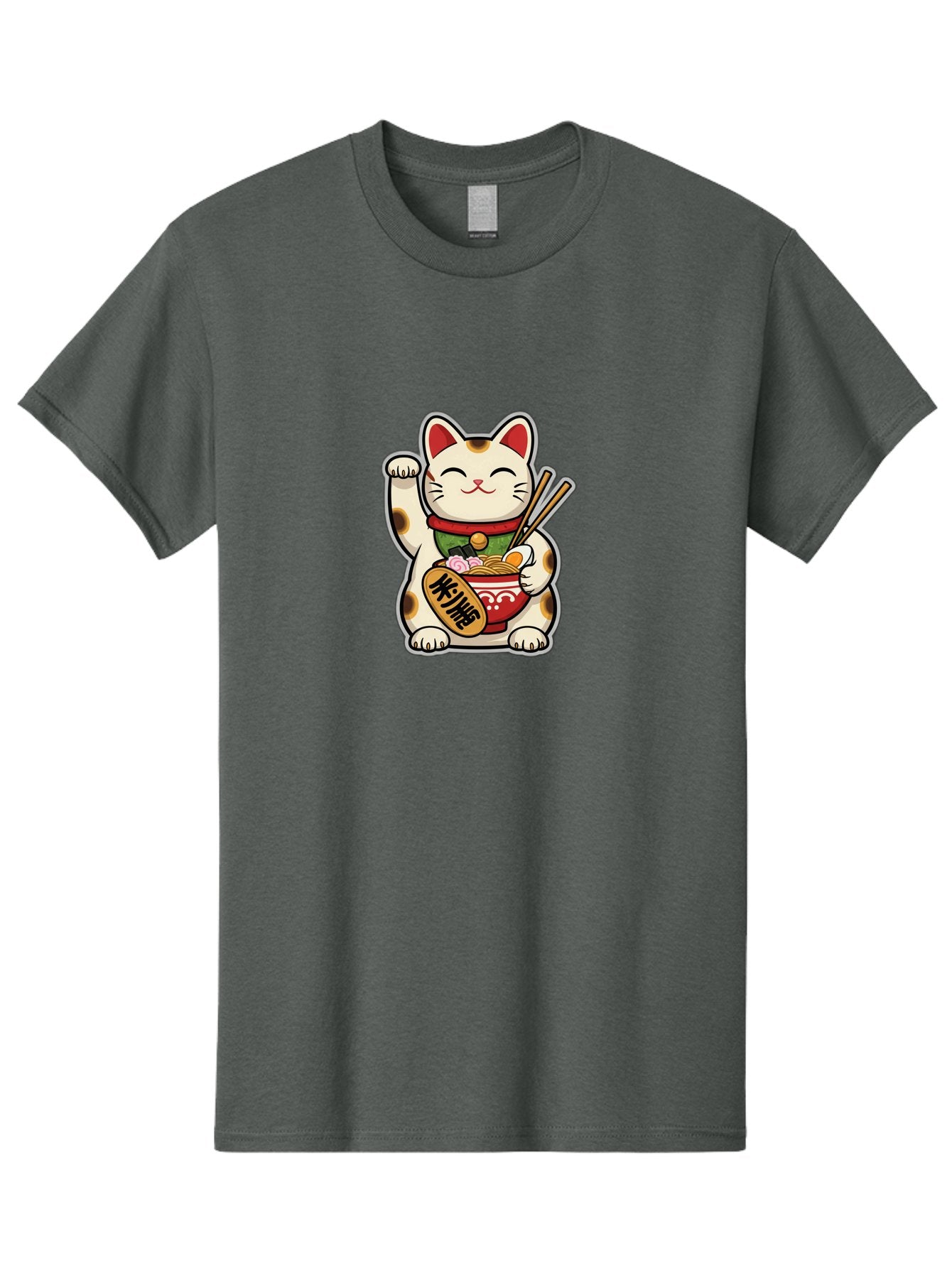 Maneki-Neko Men'S Graphic Tee, 100% Cotton, Comfortable Casual Summer Wear, Machine Washable, Lucky Cat Figurine, Beckoning Cat, Maneki Neko, Japanese Culture, Good Fortune Symbol, Cartoon Cat, Red And Green Collar, Bowl Of Noodles, Chopsticks Baa967