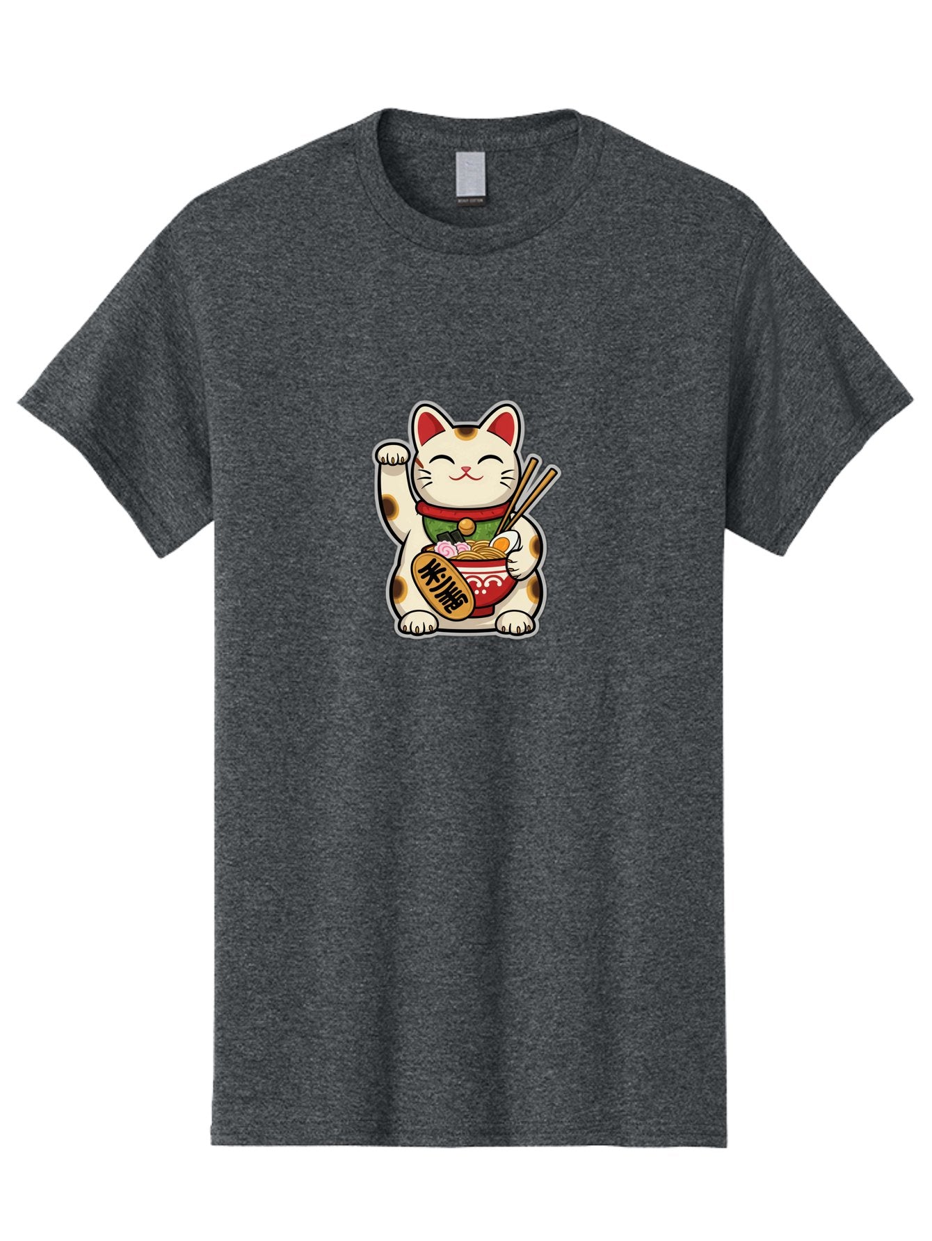 Maneki-Neko Men'S Graphic Tee, 100% Cotton, Comfortable Casual Summer Wear, Machine Washable, Lucky Cat Figurine, Beckoning Cat, Maneki Neko, Japanese Culture, Good Fortune Symbol, Cartoon Cat, Red And Green Collar, Bowl Of Noodles, Chopsticks Baa967 7