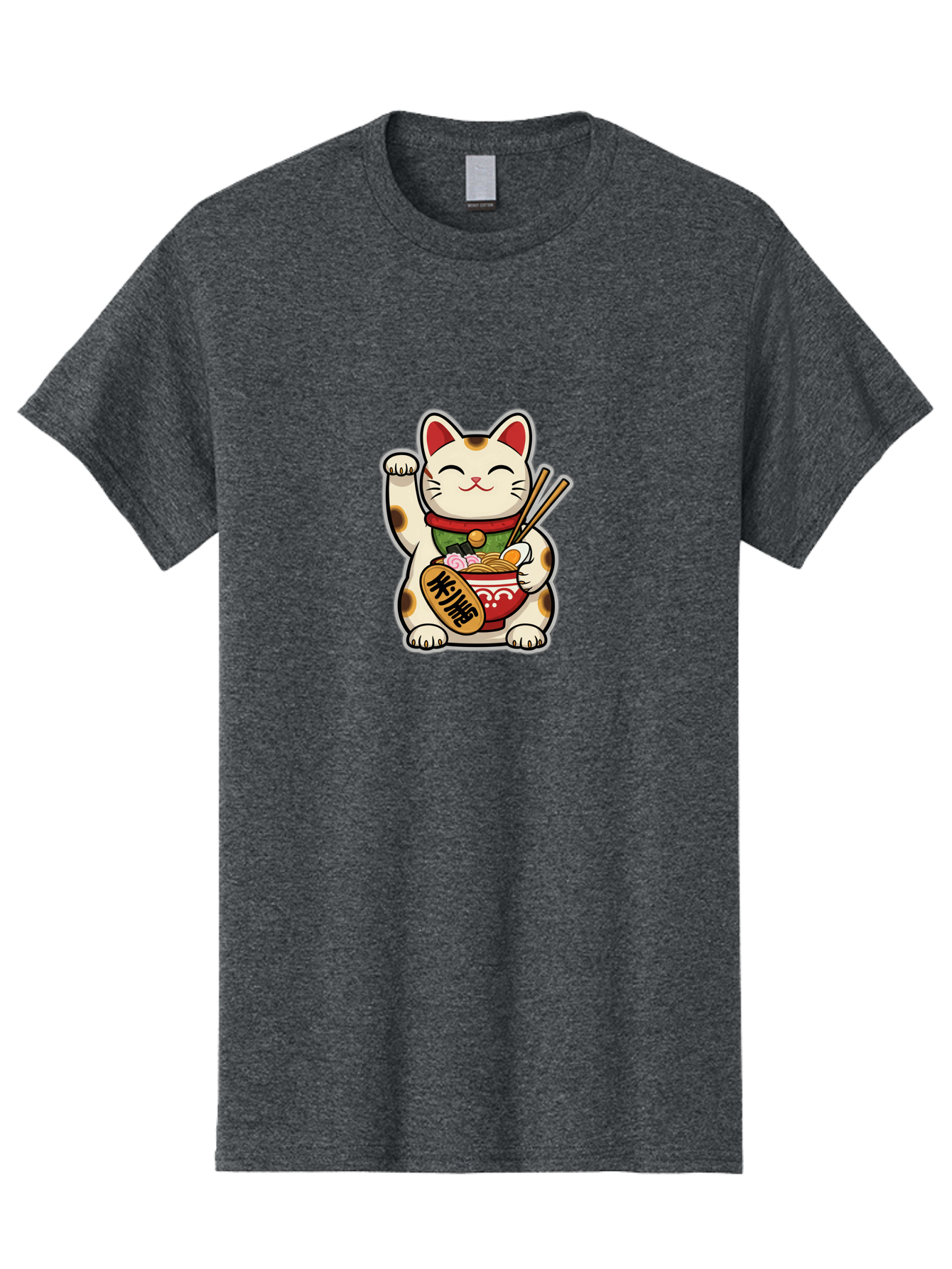 Maneki-Neko Men'S Graphic Tee, 100% Cotton, Comfortable Casual Summer Wear, Machine Washable, Lucky Cat Figurine, Beckoning Cat, Maneki Neko, Japanese Culture, Good Fortune Symbol, Cartoon Cat, Red And Green Collar, Bowl Of Noodles, Chopsticks Baa967 25